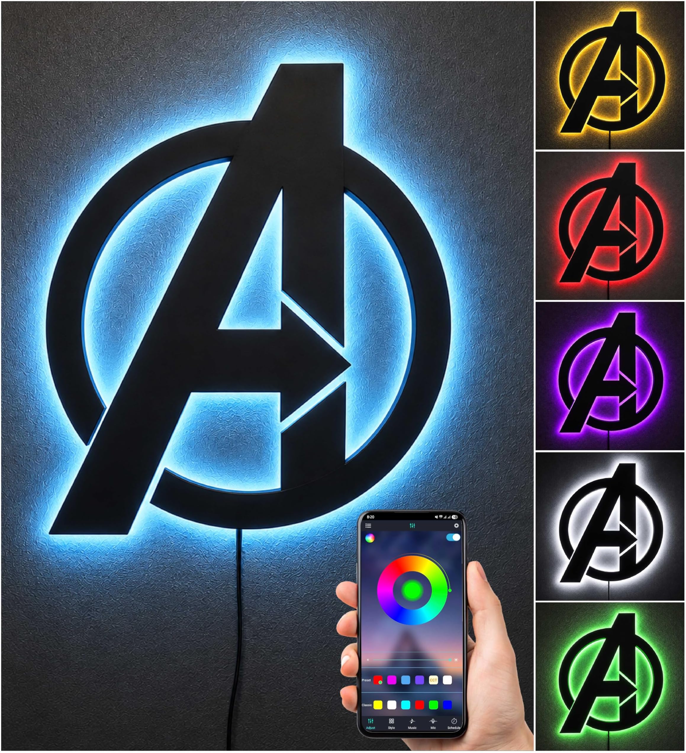 16 Colors LED wall Lamp with Mobile App Control, Comic Lover, Bat Cave, Night Lamp, for Gift, Kids Room, Gaming Setup, Gaming Room, Man Cave. (Avengers -16 Colors)