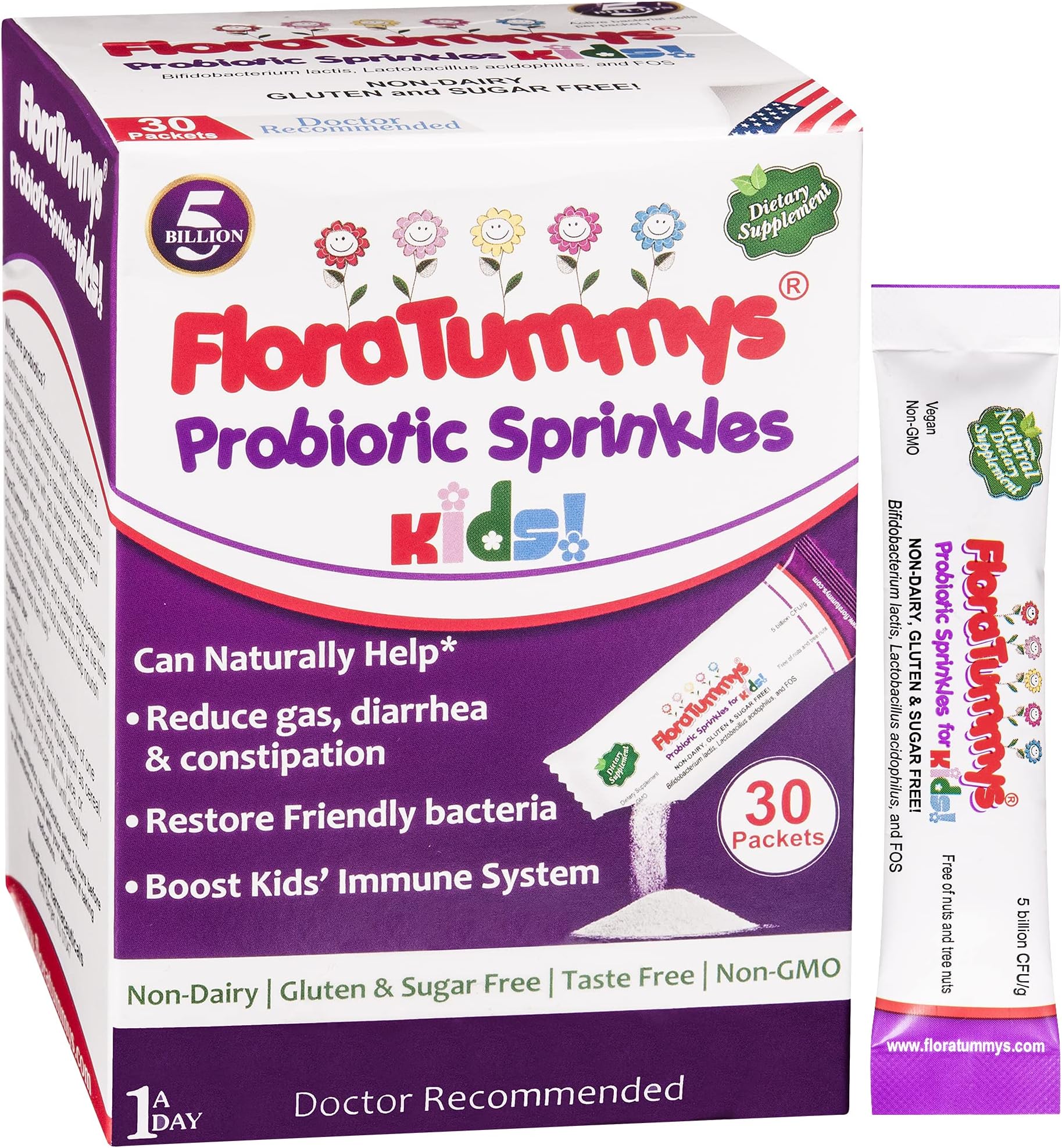 FloraTummys Probiotics for Kids: 30 Taste-Free Powder Packets, Free of Food Allergens, Non-Dairy, Gluten-Free, Sugar-Free, Vegan, Non-GMO, Kids Prebiotic