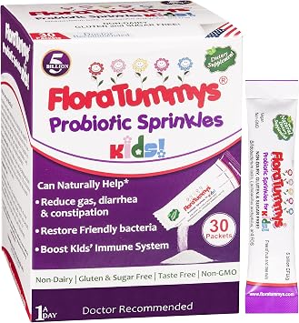FloraTummys Probiotics for Kids 30 Taste-Free Powder Packets, Free of Food Allergens, Non-Dairy, Gluten-Free, Sugar-Free, Vegan, Non-GMO, Kids Prebiotic