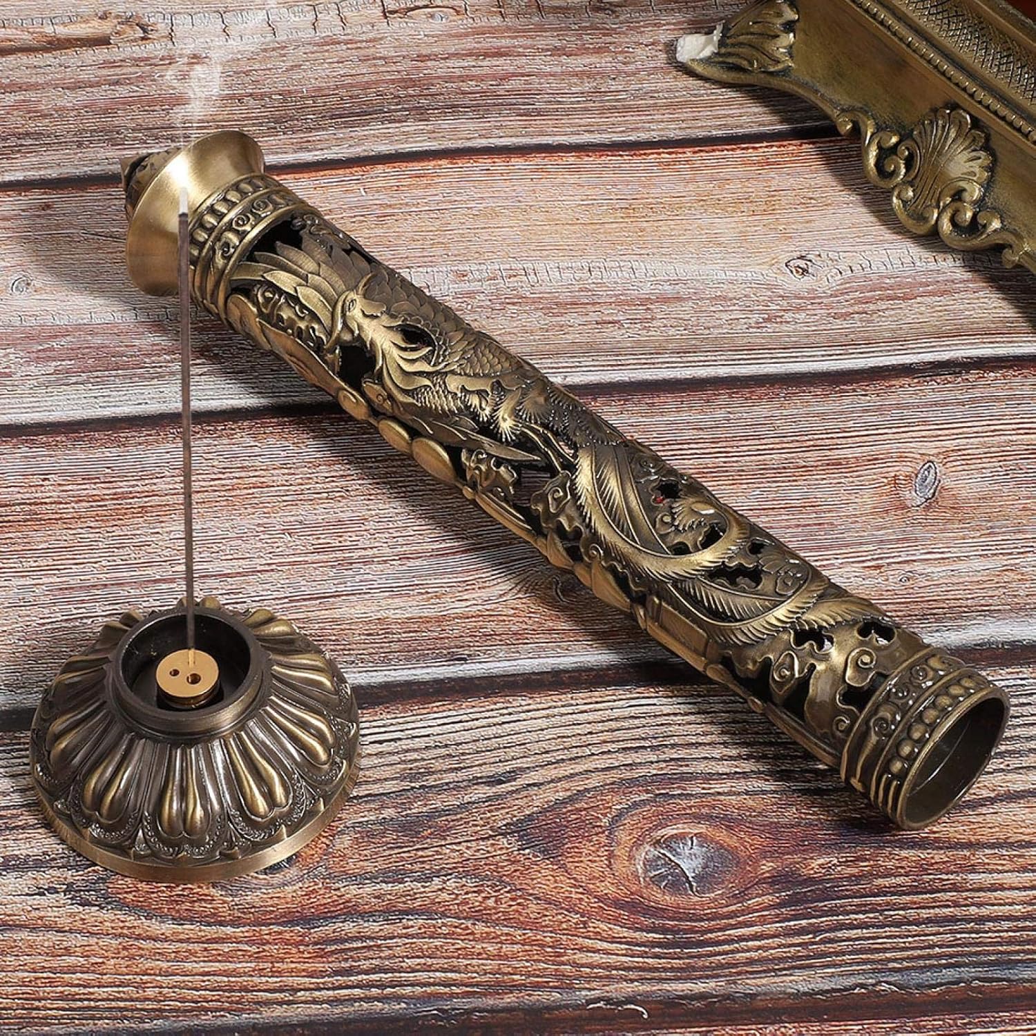 Vertical Incense Burner, Retro Incense Tower Holder Brass Stick Incense Holder Incense Burner with Dragon Phoenix Pattern for Home Office Yoga Meditation, 8.5x7cm/3.3x2.8in