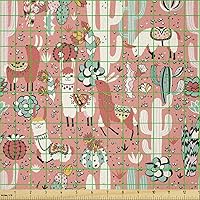 Vista 2 de Lunarable Tela de Cactus por Yarda, Ilustración de Dibujos Animados del Desierto de Arizona México con Plantas Suculentas y Llama Alpaca, Tela