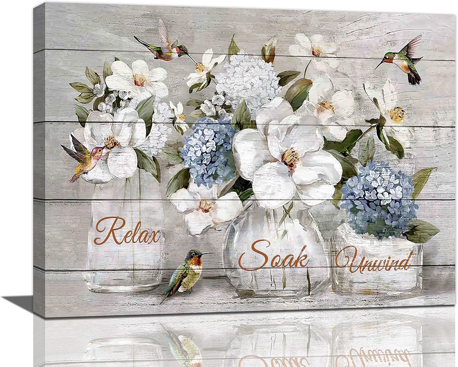 Farmhouse Flower Bathroom Decor Wall Art Rustic Hummingbird White Floral Pictures Wall Decor Relax Soak Unwind Bathroom Sign Canvas Painting Prints Artwork Home Decorations Framed for Bedroom 20"x16"