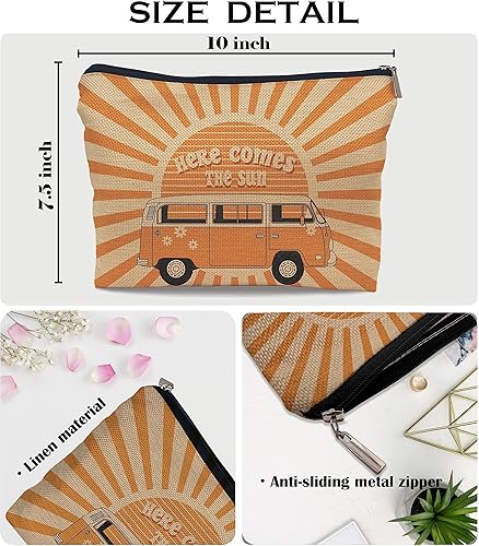 Miniatura 5 de Ayxvt Here Comes the Sun Retro 70s Hippie Orange Bus Sunshine Ray Cosméticos Bolsa de maquillaje de mujer decorativa, Amarillo