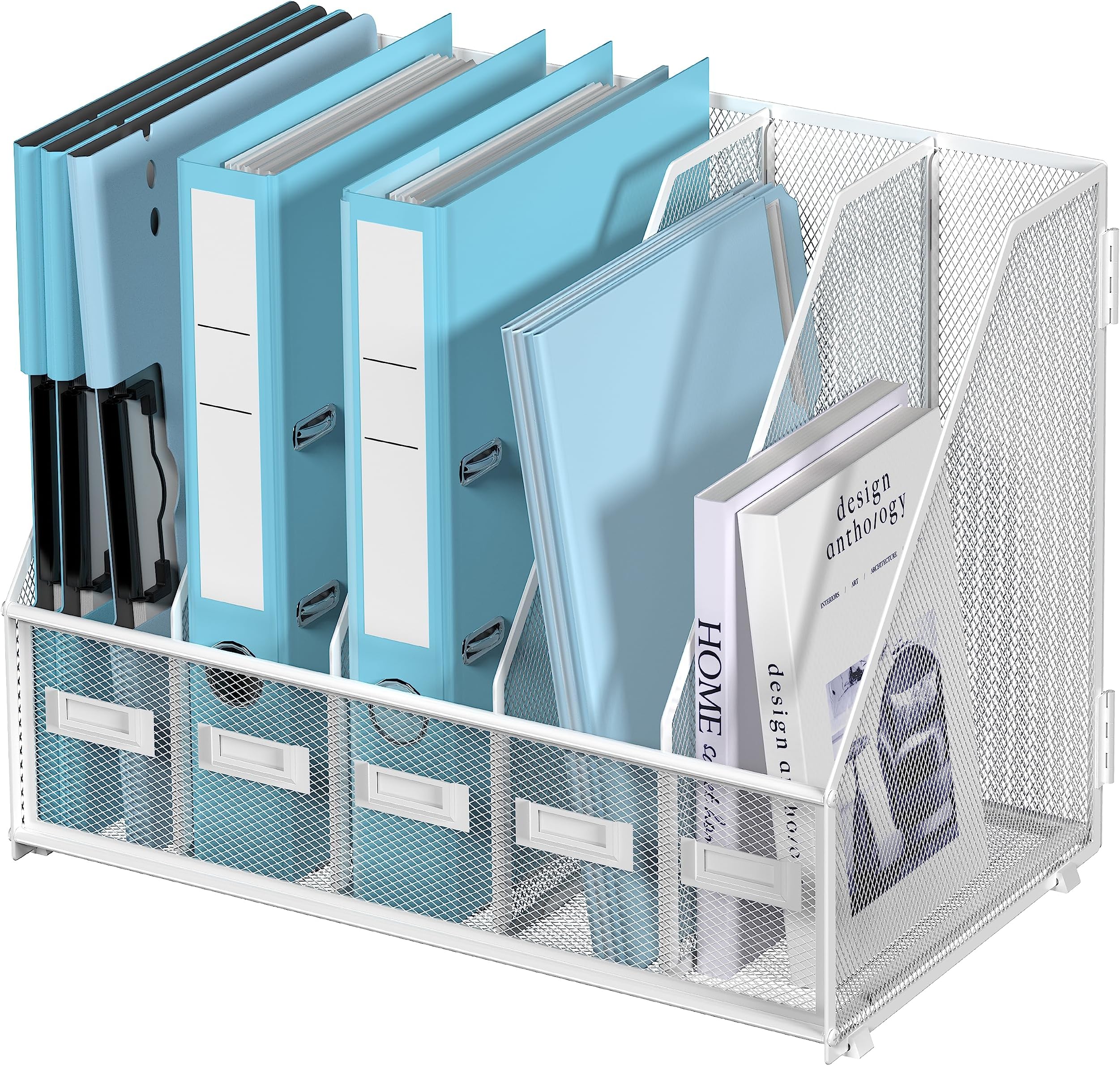 SUPEASY Desk Organizers Metal Desk Magazine File Holder with 5 Vertical Compartments Rack File Organizer for Office Desktop, Home Workspace, White Plus