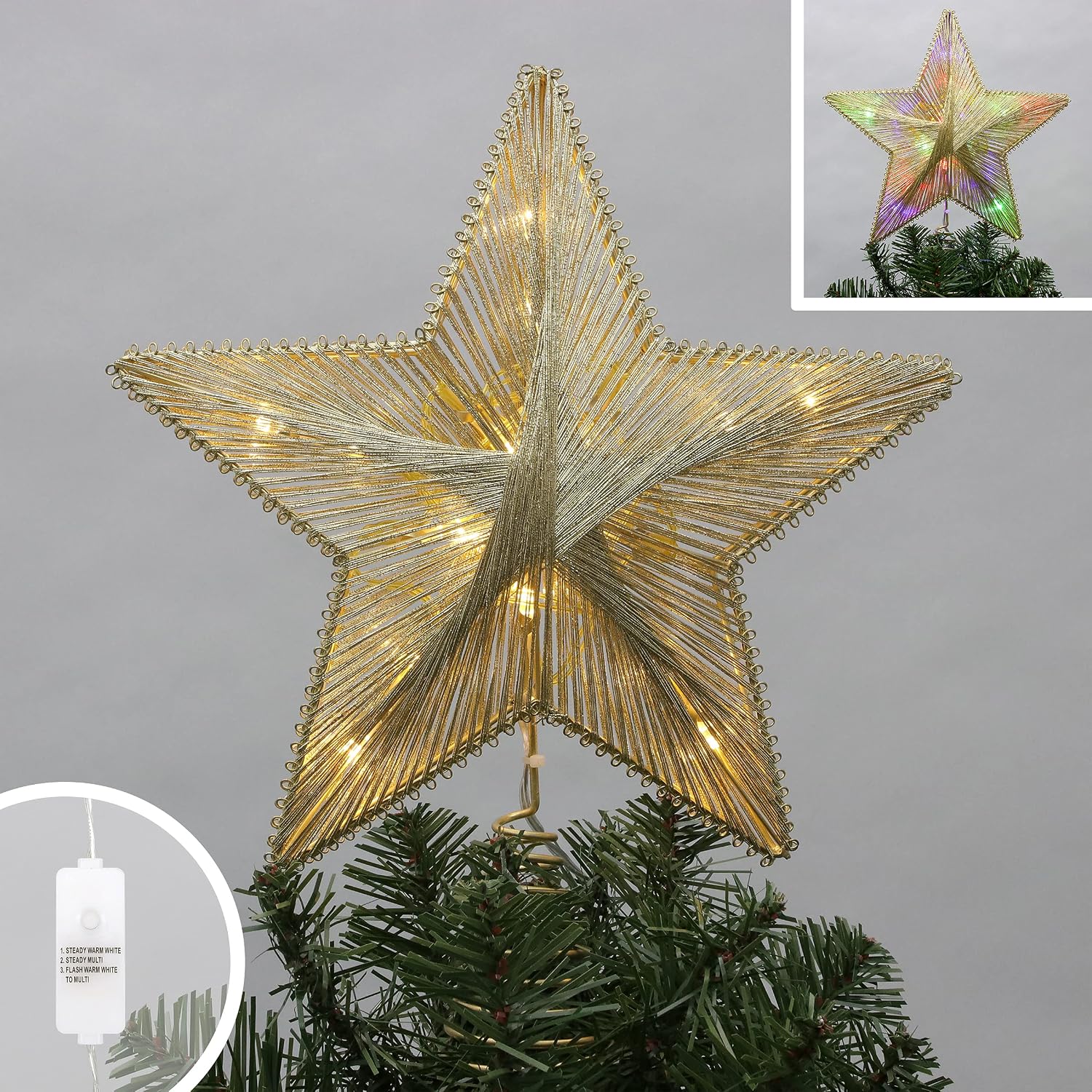Philips 11.5" 2-Layer Gold Metallic String Star Treetopper with Coil - 3 Functions with Control Box - UL Listed for Indoor Use - 15 Bicolor Microdot LEDs Christmas Tree Topper with 24" Lead in