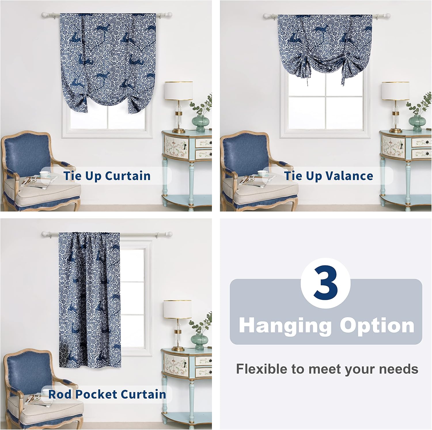 DriftAway Tie Up Curtains for Windows Flower Forest Blackout Thermal Insulated Tie Up Curtain for Kitchen Bathroom Adjustable Tie Up Shade Balloon Rod Pocket Curtain Single 25 Inch by 47 Inch Navy