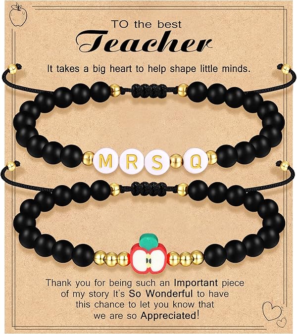Teacher Appreciation Bracelet Gifts for Women Initial Beaded Bracelets Back to School Thank You Teacher Gifts 2pcs Link Bracelet New Teacher Graduation Gift Birthday Retirement Teachers' Day Jewelry