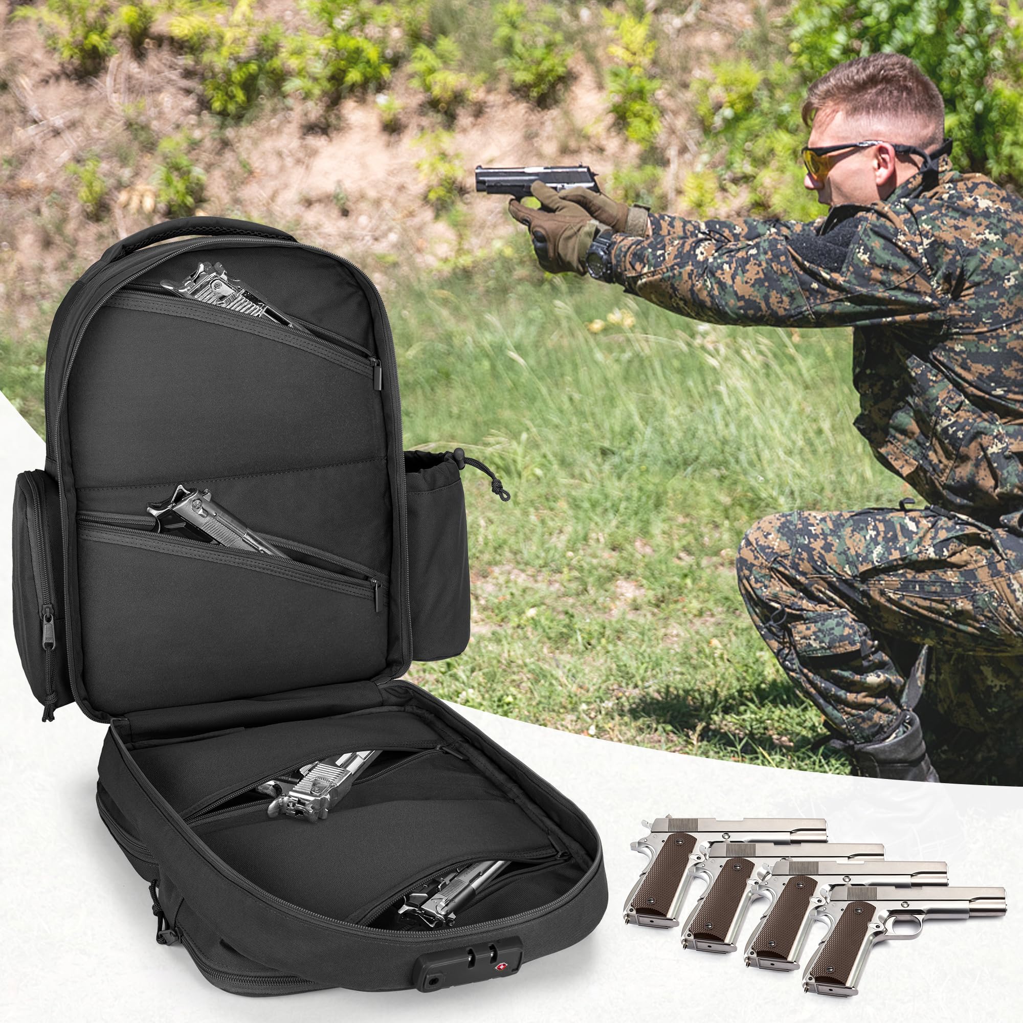 GOBUROS Taktischer Pistolenrucksack für 4 Handfeuerwaffen und 12 Magazine, Schießstandrucksack mit TSA-Schloss und gepolsterten Schultergurten zum Schießen und Jagen