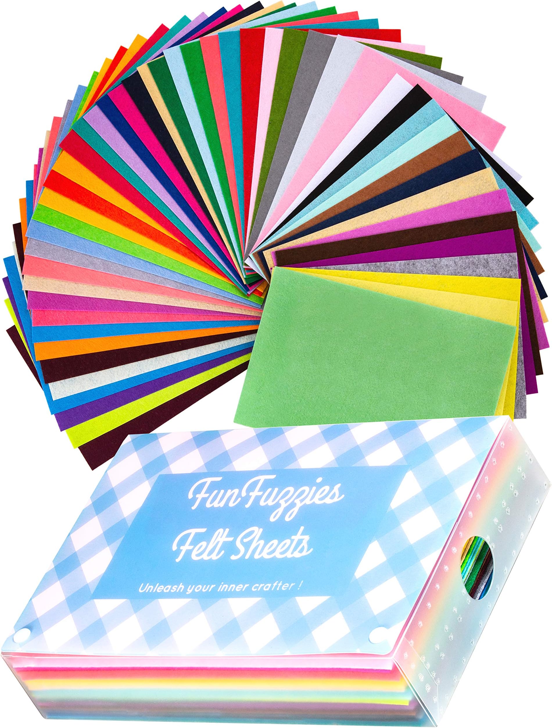 Assorted Stiff Felt Fabric Set: 50 Unique Sheets 8x12 inch (20x30cm) with Handy Storage Container Case; DIY Crafts, Sewing, Decorative Projects