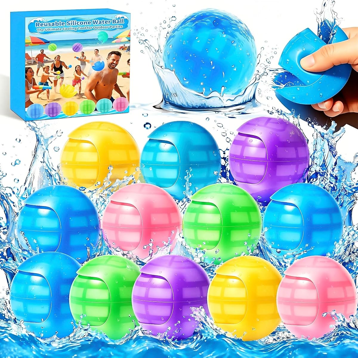 Reusable Water Balloons 12 Pack - 1 Second Quick Fill Water Balloons, 3000+ Uses, Magnetic-Free & Lightweight Splash Balls, 6 Colors with Gift Box (12Pack)