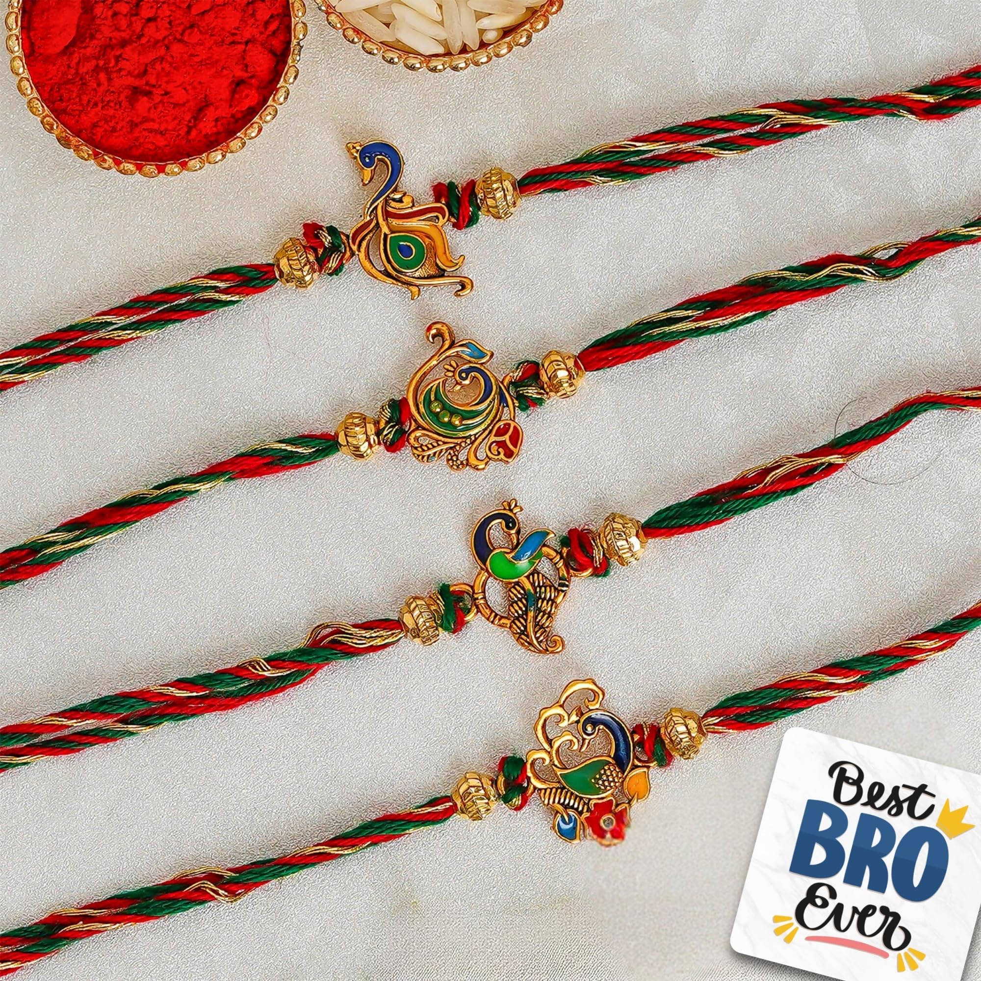 eCraftIndia Set of 4 Multicolor Designer Peacock Rakhis, Happy Rakhi Wooden Cutout with Roli Chawal Pack - Rakhi for Brother, Bhaiya, Bhai-image-7