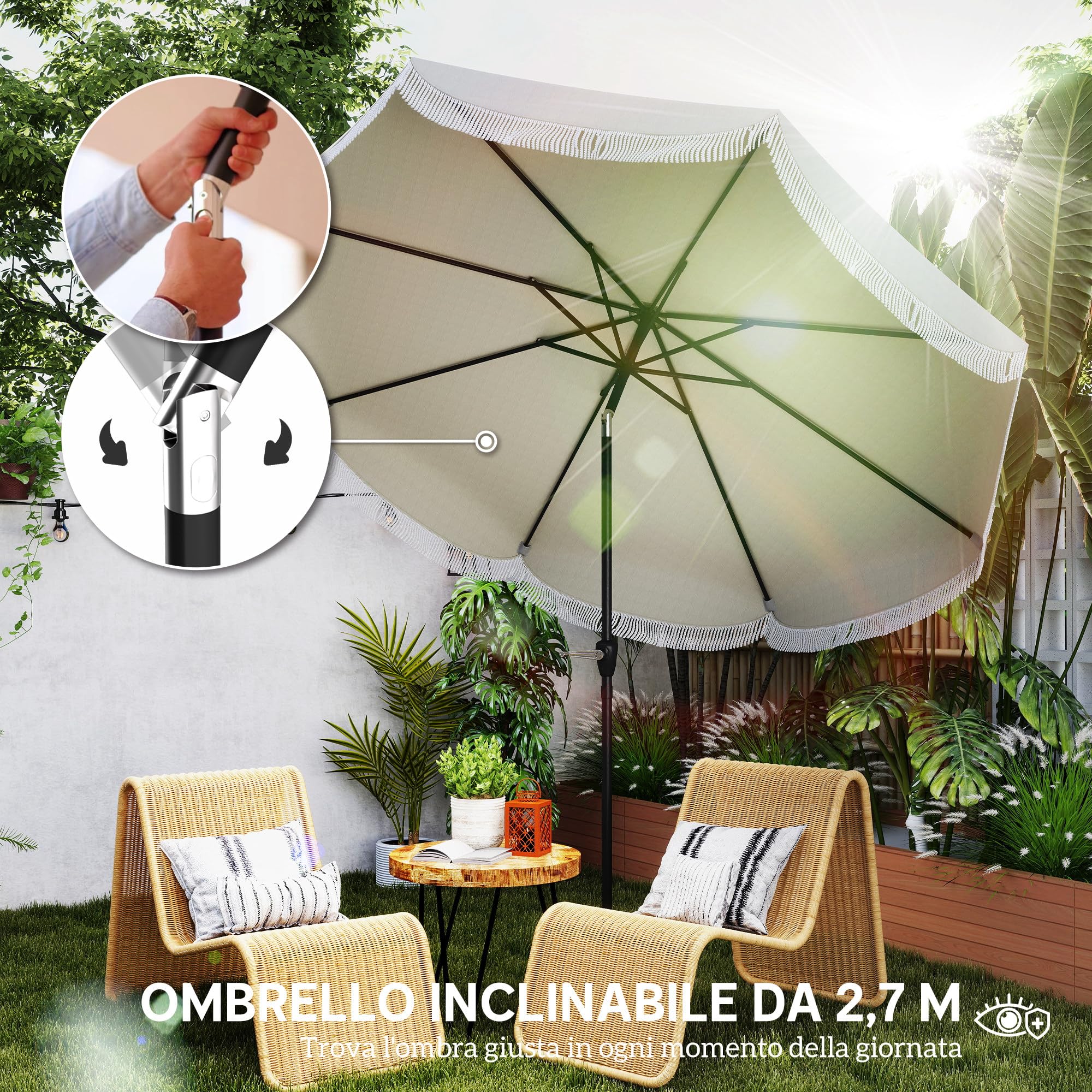 Outsunny Ombrellone da Giardino Inclinabile 2.7x2.7 m con Manovella | Ombrellone da Esterno Rotondo, 8 Stecche, Metallo e Poliestere, per Cortile Balcone, UV 30+