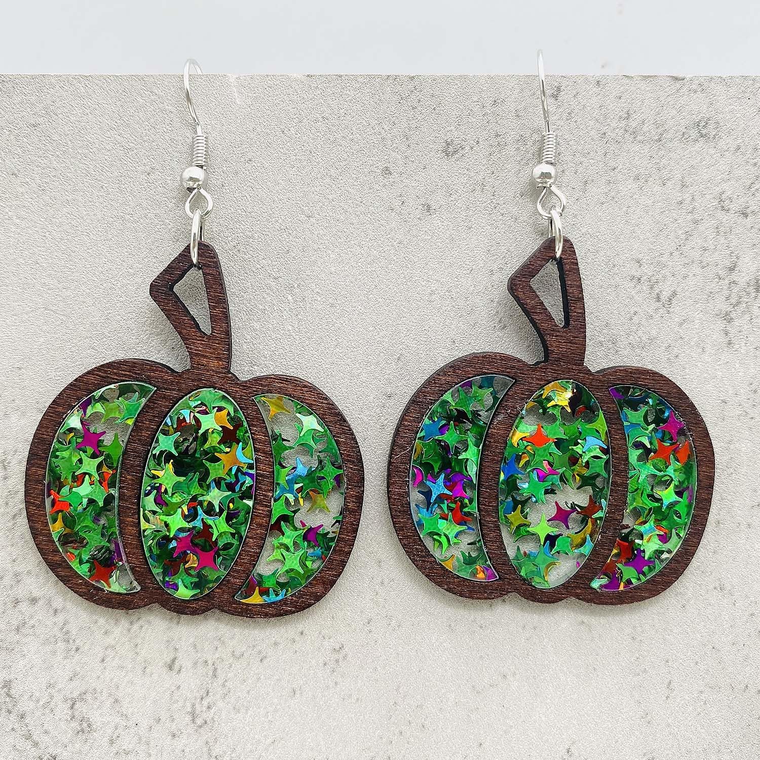 ONLYJUMP Thanksgiving Retro Colorful Print Pumpkin Wooden Earrings For Women Lightweight Handmade Fall Earrings Thanksgiving Glitter Sequin Pumpkin Drop Earrings Fun Thanksgiving Jewelry - Image 5