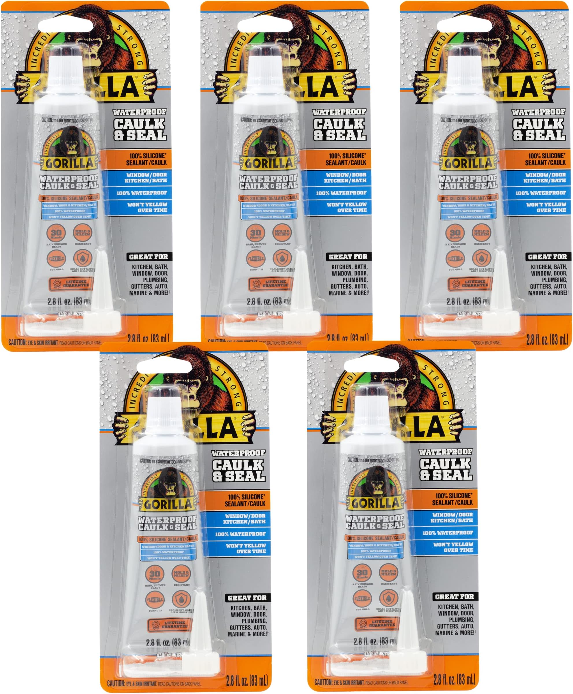 GorillaWaterproof Caulk & Seal Silicone Sealant, 2.8oz Squeeze Tube (Pack of 5) - Clear Caulking Sealant for Kitchen, Window, Bath, Marine, Door and More