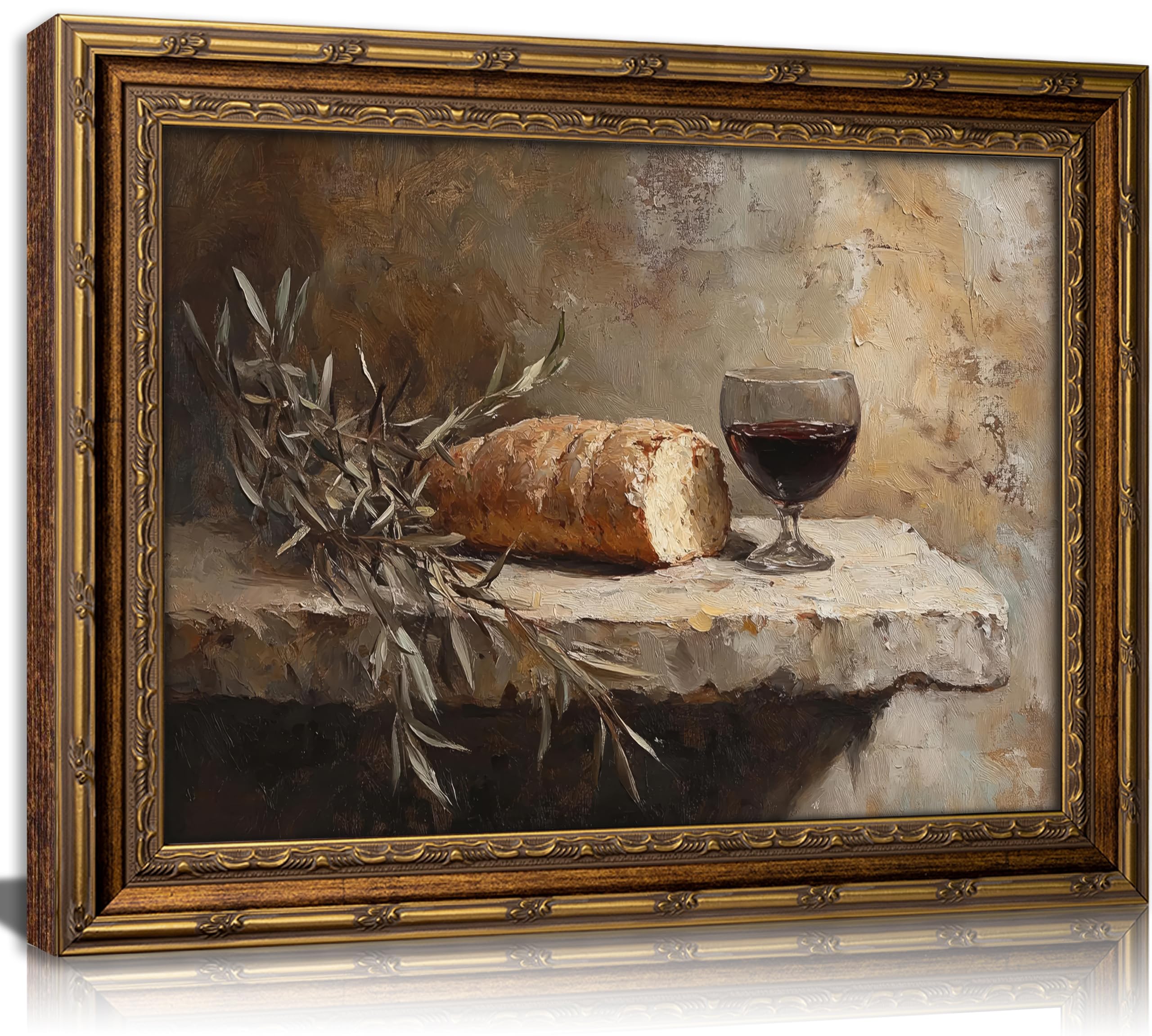 Vintage Gold Framed Still Life Wall Art, Christian Kitchen Communion Painting Canvas Prints, Bread Wine Olive Branch Religion Wall Decor, Classic Rustic Food Artwork for Living Room Kitchen Dining Room, 12x16in