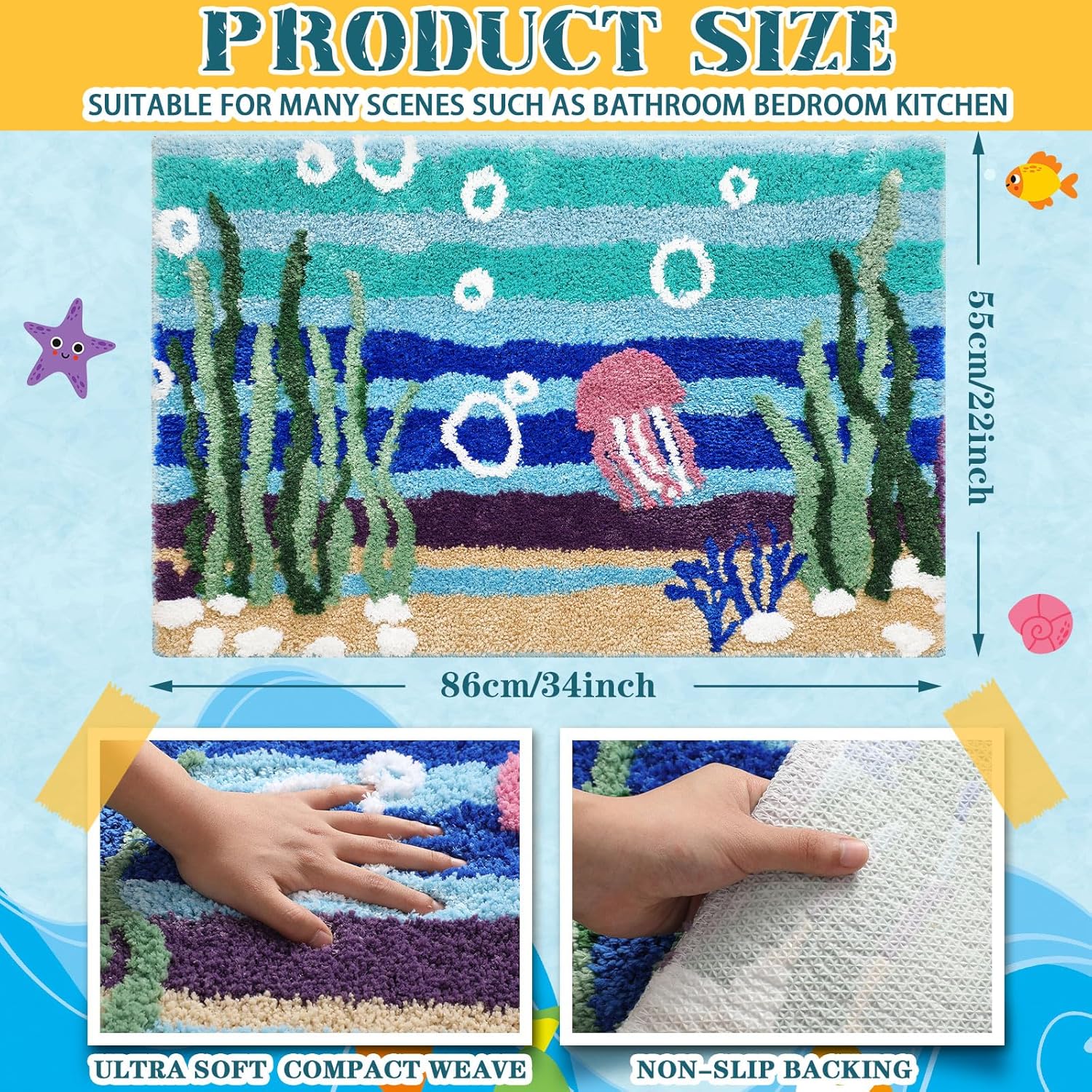 Breling Cartoon Sponge Theme Bathroom Rug Jellyfish Rug for Toilet Anime Bath Mat Beach Flocking Ocean Sea Shower Absorbent Soft Non-slip Bath Mat for Kitchen Bedroom Laundry Entryway decor, 22" x 34"