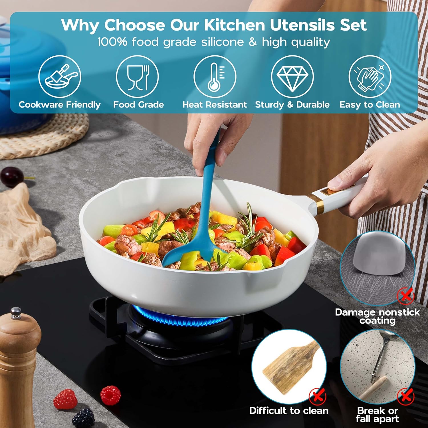 Onader Navy Blue Kitchen Utensils Set Silicone Cooking Utensils Set of 10 and 6QT Enameled Cast Iron Dutch Oven Pot with Lid Round Blue Dutch Oven for Bread Baking