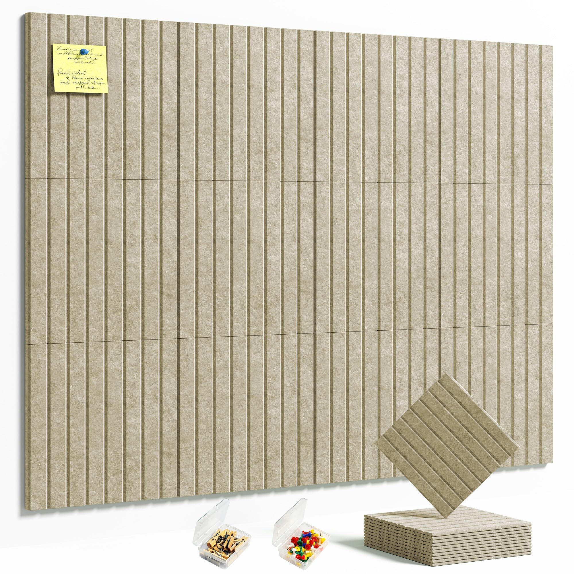 HyFanStr Felt Slatted Bulletin Board, 9mm Extra Thick Pin Board for Walls, 120 x 90 cm-12 Pack Large Cork Board Alternative with Nano Adhesive Hardware for Home Office Kitchen School Decor
