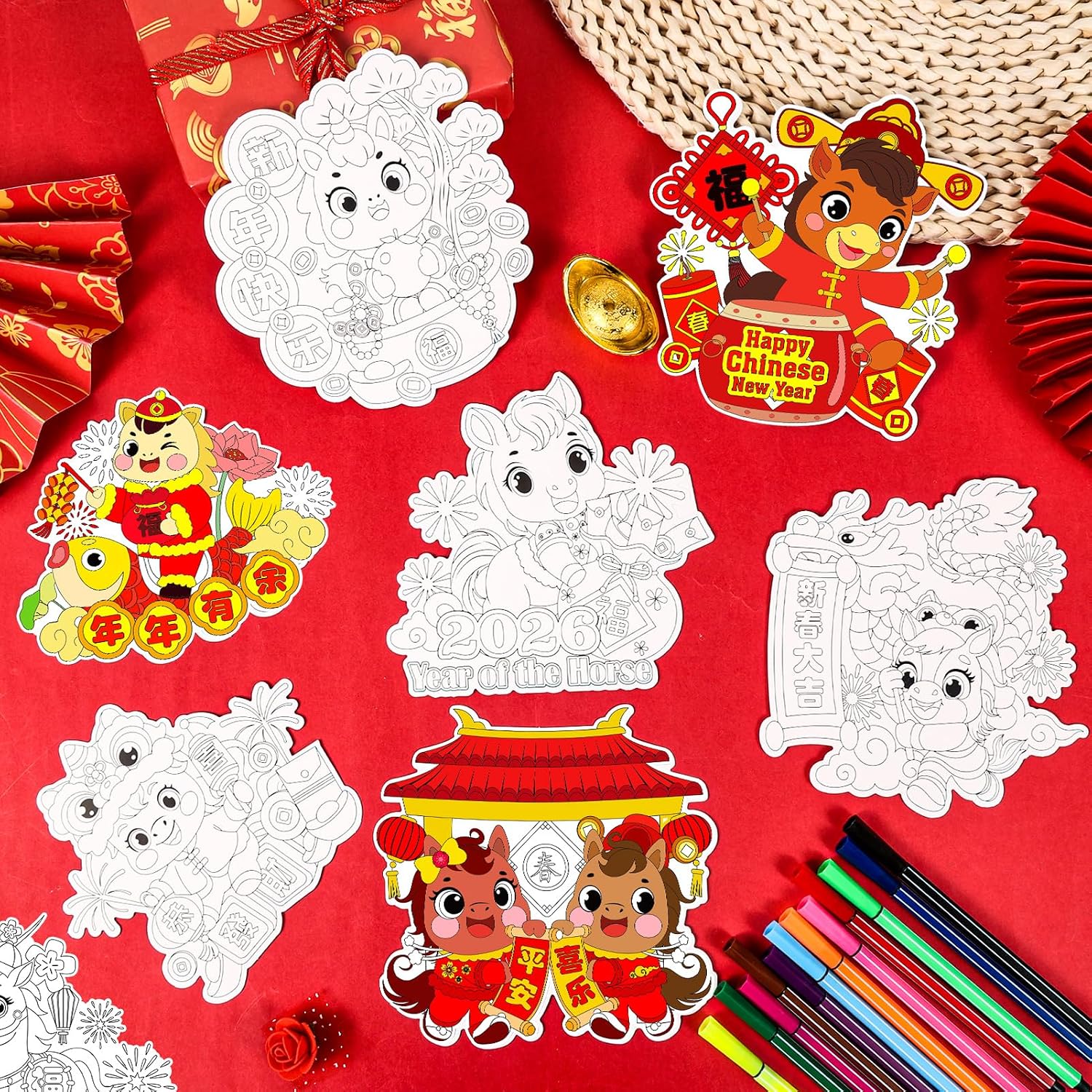 HOWAF 24pcs 2026 Chinese New Year Crafts Coloring Cards with 24 Colored Pens, Color Your Own Year of The Horse Gift Cards for Lunar New Year Kids Crafts Favors, Spring Festival Coloring Greeting Cards