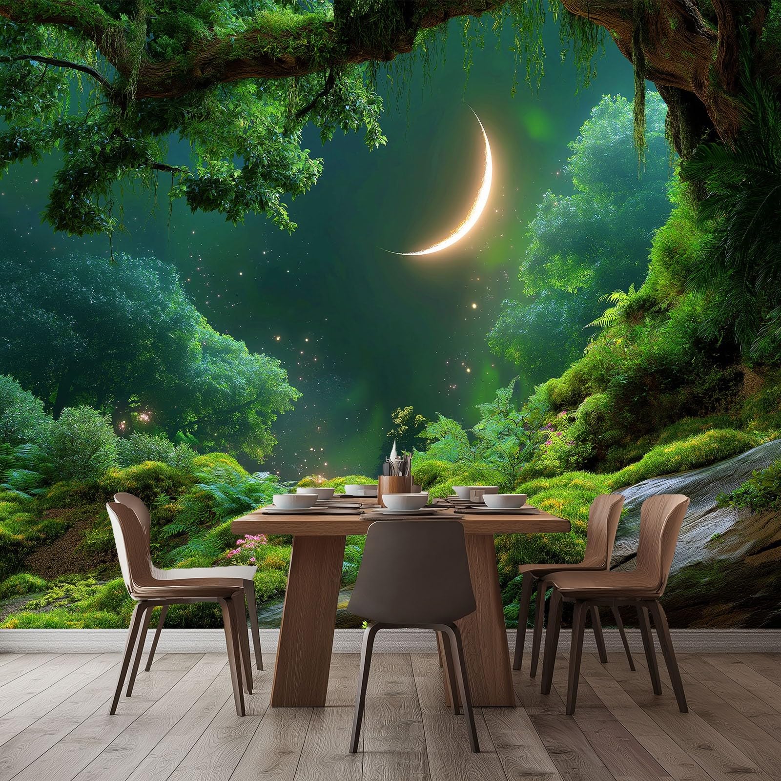 Art Murals Fototapete Schlafzimmer - Fantasie Wald Mond Moos Wandtapete Aufkleber für Wohnzimmer Küche, Olivgrün 3D Tapete Mural Kinderzimmer TV Hintergrund Wandtapete, 250 x 175 cm