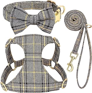 Beirui Cute Small Dog Harness Collar and Leash Set with Bowtie, Soft Adjustable Plaid Puppy Harness for Small Sized Dogs Cats Walks Parties and Photoshoots(Gray,S
