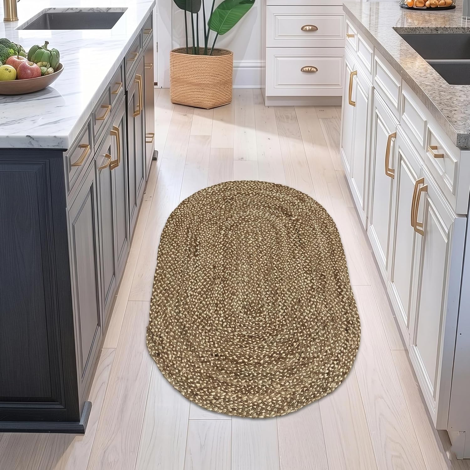 Oval Jute Area Rug - 9x12 ft Hand Braided Natural Fiber Rugs Thick 0.27" Handmade Oval White & Beige Solid Rugs for Living Room, Home/Office Decor, Indoor Outdoor Carpet