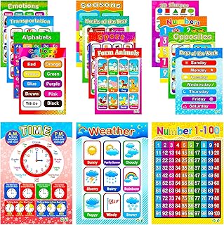 Educational Posters for Toddler and Preschool Kids Classroom Learning Alphabet Poster Alphabet Numbers Shapes Colors Laminated Poster Chart Set 15 Pack