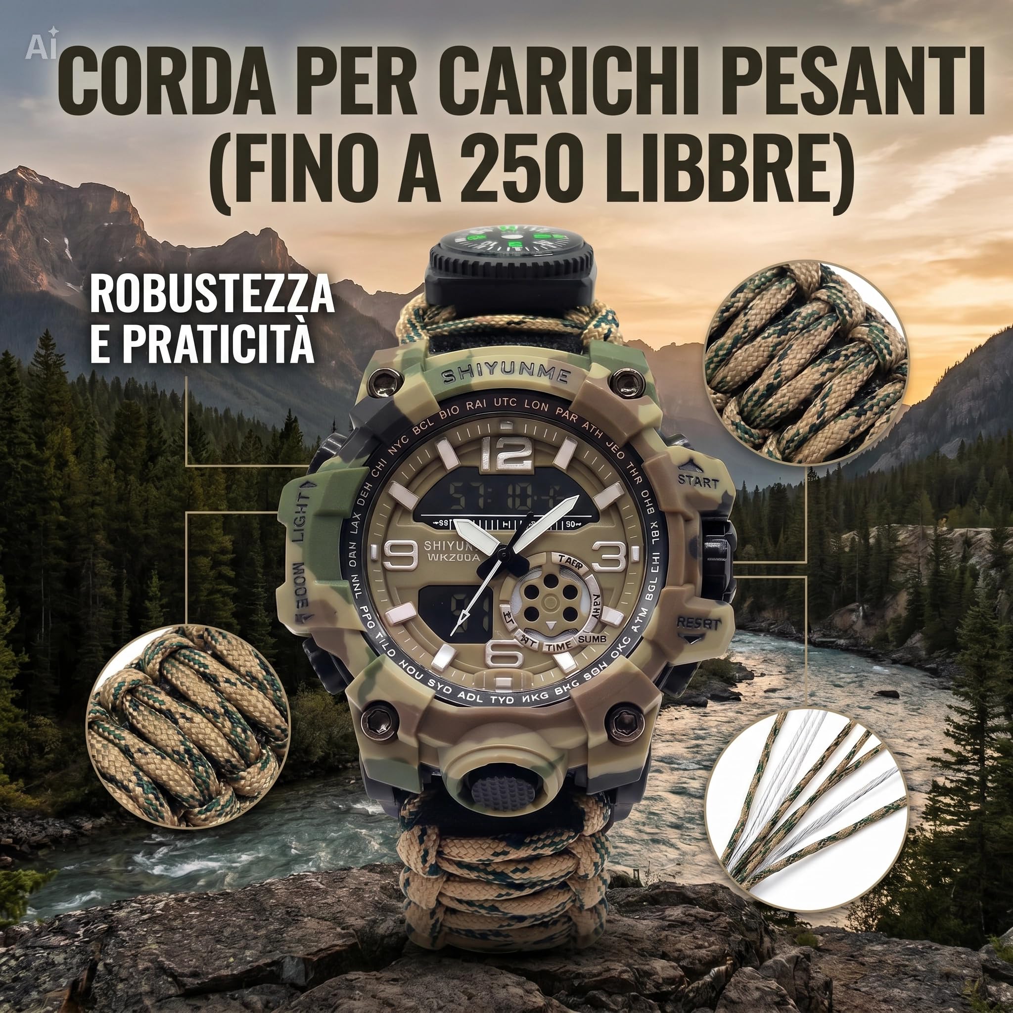 Bracelet tactique multifonction 7 en 1 - Montre de survie avec boussole, thermomètre, sifflet et corde de parachute de 113 kg - Pour camping, randonnée et escalade
