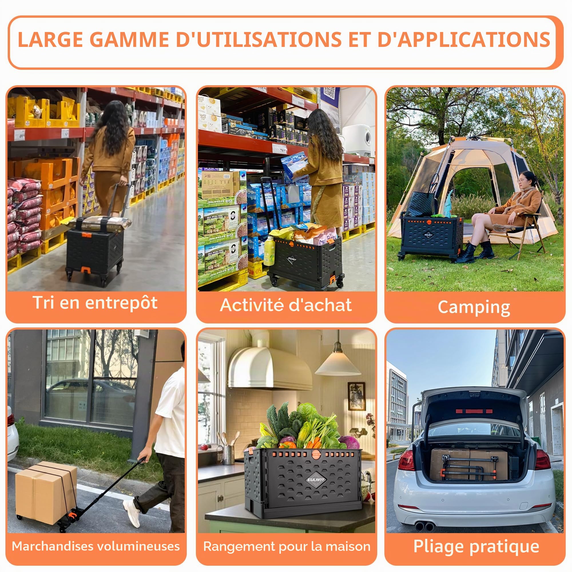 EULANT 2in1 Chariot à Main Pliable avec Boîte Pliante 60L et Couvercle,Chariot de Transport avec Roues Pivotantes à 360° et 2 Cordes Elastiques,Caisse sur Roues avec Poignée Ajustable et Frein
