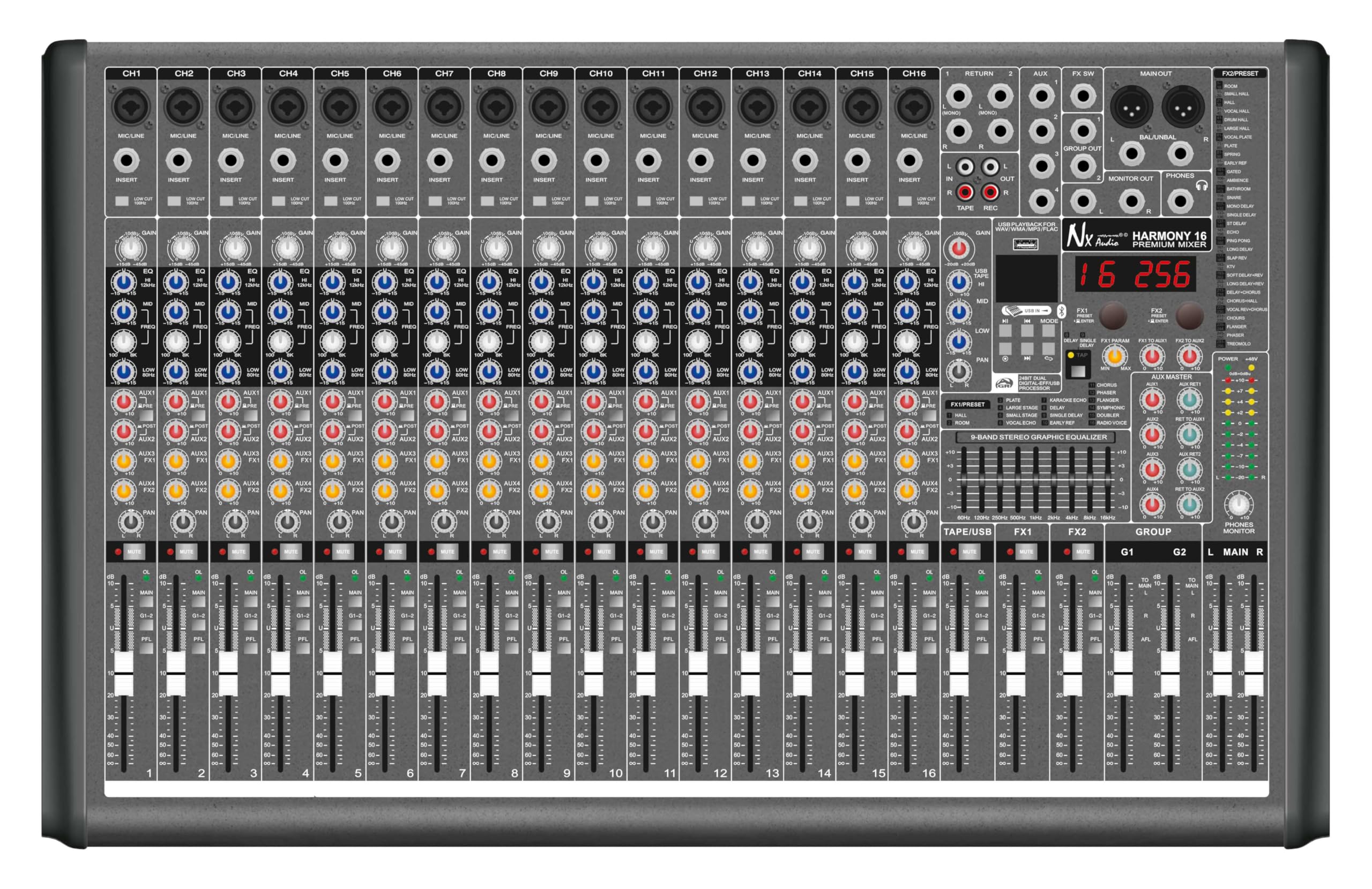 NX Audio Harmony16 Professional 16-Channel Audio Mixer with Studio-Grade PRE Preamps, 3-Band EQ, Low Distortion for Studio and Live Sound-image-17