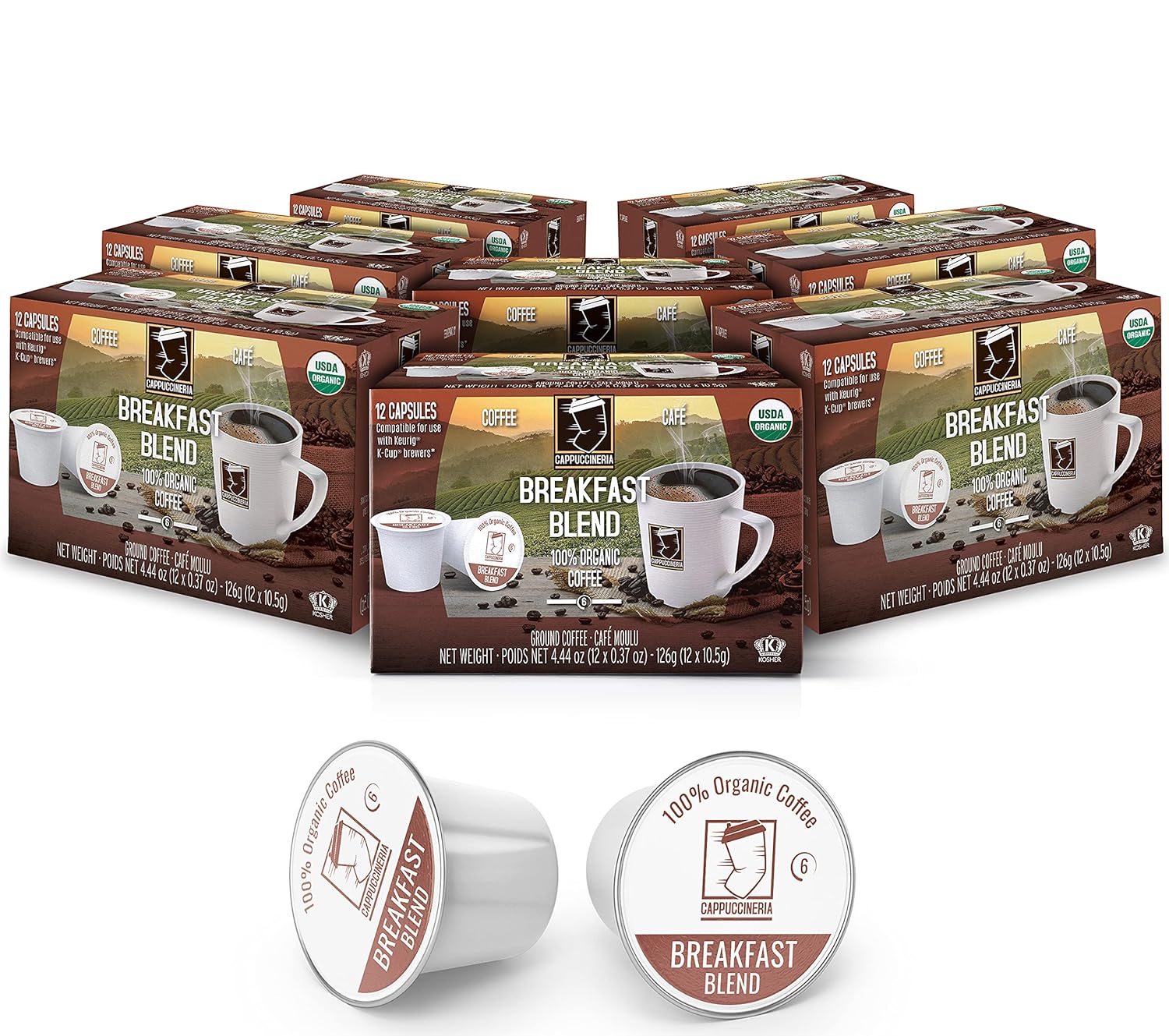 Cappuccineria Breakfast USDA Organic Coffee KCup Capsules Single origin 100