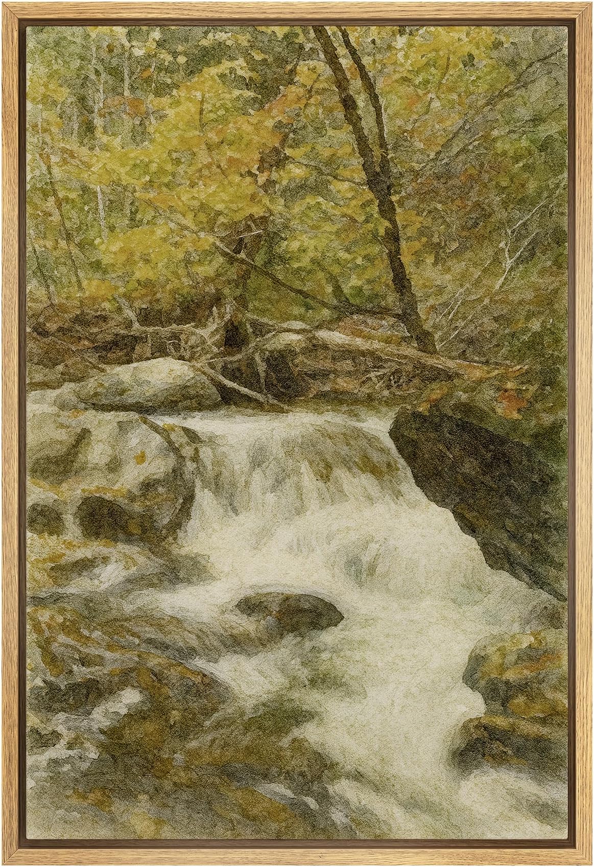 SIGNFORD Framed Canvas Print Wall Art Autumn Forest Stream Colorful Waterfall Landscape in Fall Woodland Scene Illustrations Modern Art Decorative for Living Room, Bedroom, Office - 16"x24" Natural