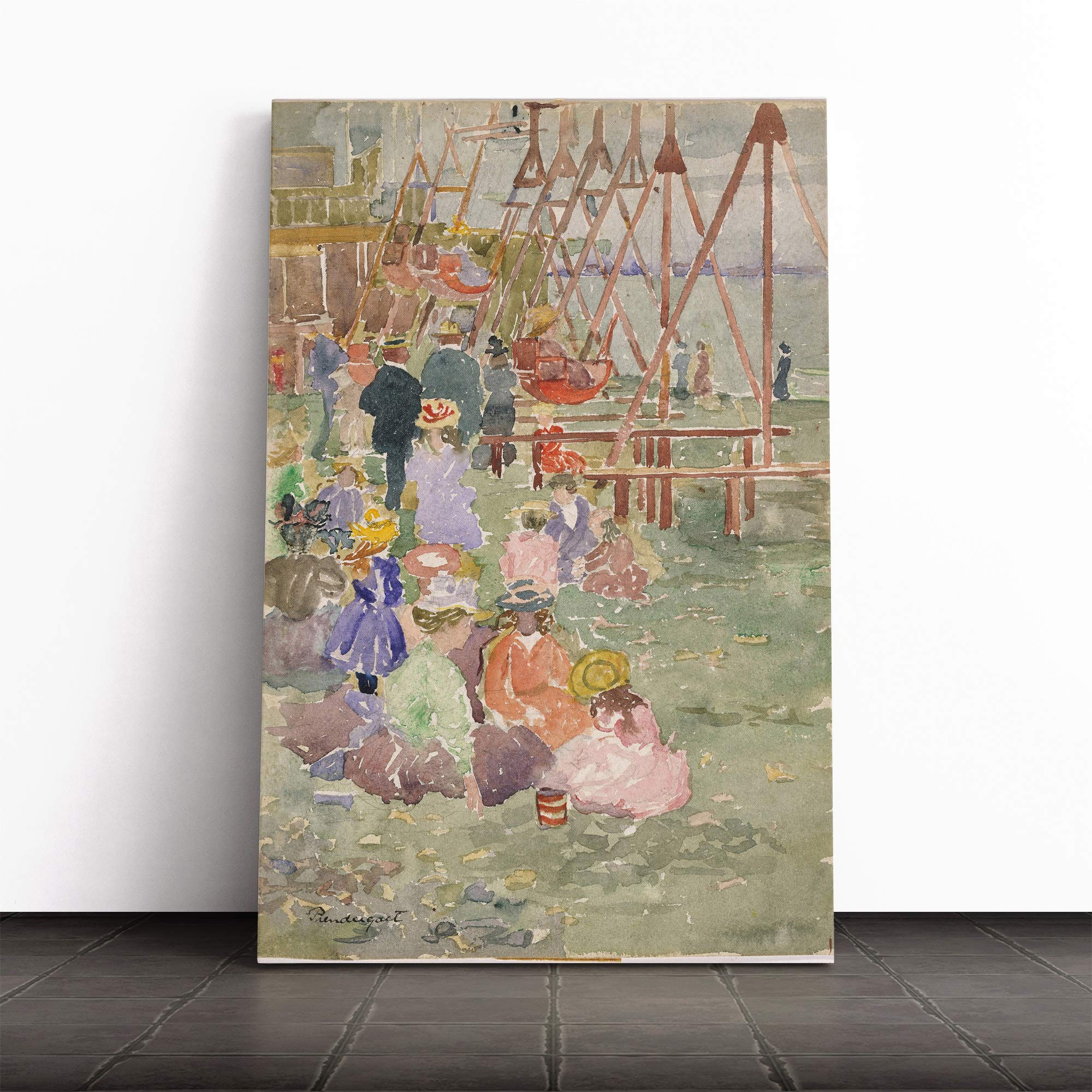 Maurice Pendergrast Swings Revere Beach Canvas Print | Gallery Wrapped 30mm Frame Wall Art | 24x16 inches | Ready to Hang | Modern Seascape Picture | Living Room Bedroom Lounge Office