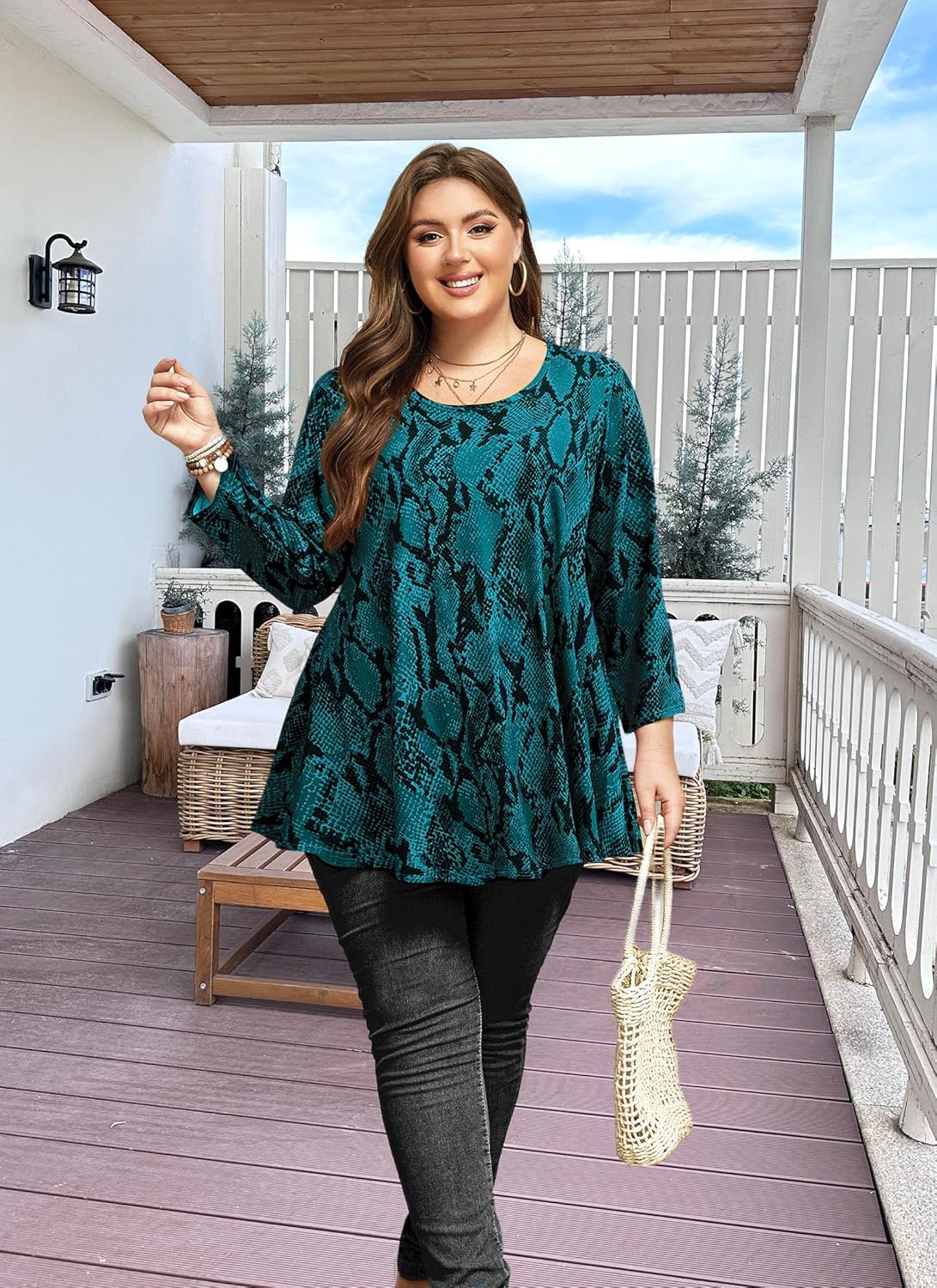 Womens Tops - Plus Size Tunics 3/4 Sleeve Loose Fit Dressy Casual Long Swing Flowy Lady Blouses Shirts Wear with Leggings Teals Blue Clothing - Image 6