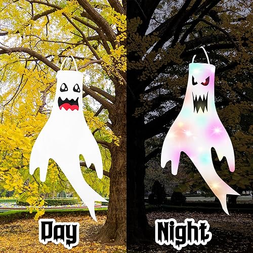 Miniatura 4 de Dokeawo 2 piezas de decoración de Halloween, calcetines de viento fantasma de 47 pulgadas, decoración de Halloween colgante con luz LED para