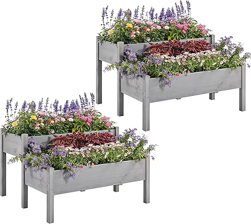 Yaheetech Cama de jardín elevada de madera de 47 x 41 x 30 pulgadas, 2 piezas, horticultura, 2 niveles, maceta elevada para hierbas con patas y