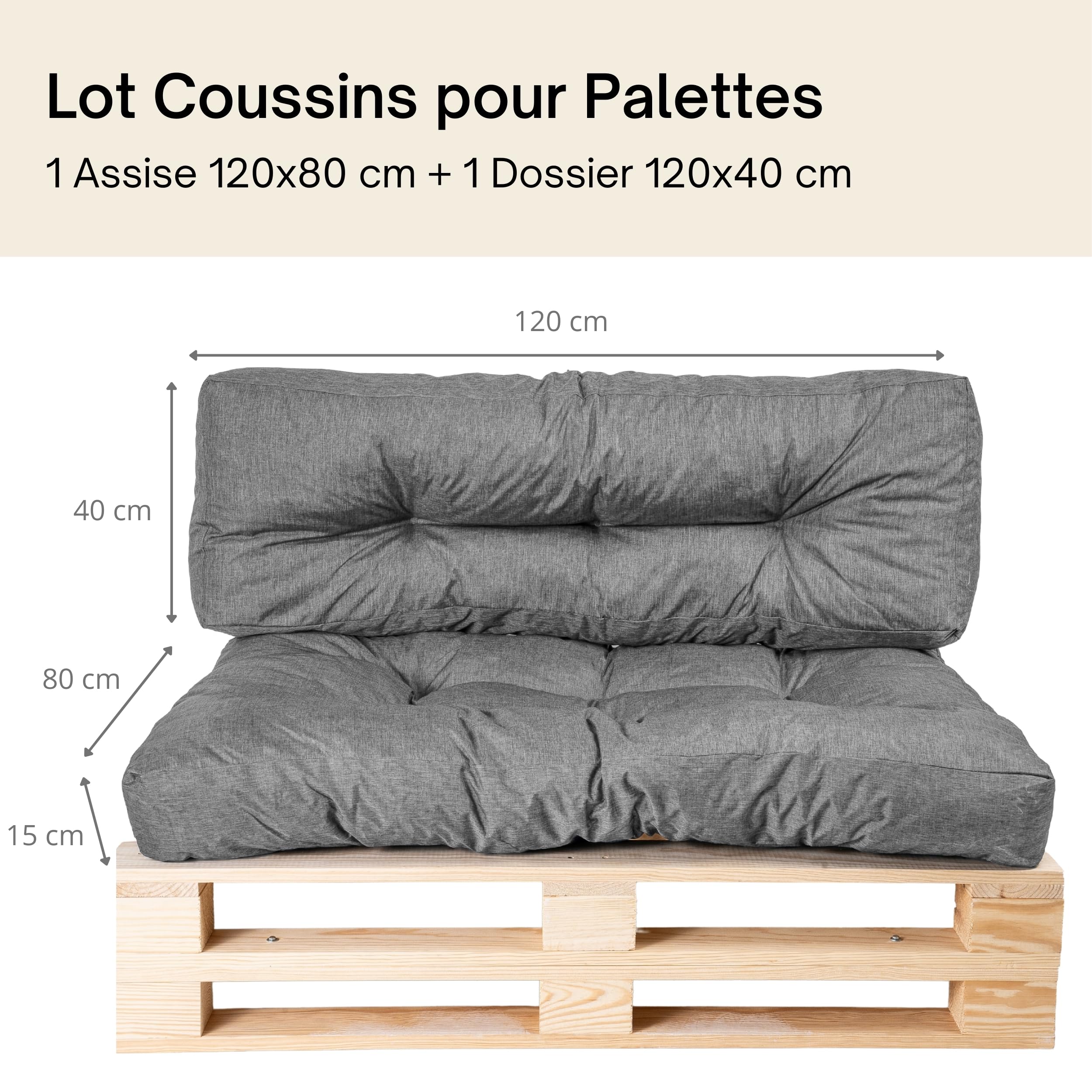 bananair - Coussin Palette Extérieur Confortable - Tissu Résistant, Anti-UV & Déperlant - Coussin Salon de Jardin Extérieur, Balcon, Terrasse (Lot Assise + Dossier, Gris)