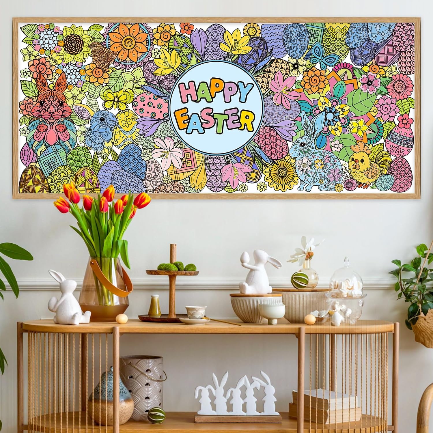 Jumbo Easter Mandala Coloring Poster - Easter Egg Bunny Flower DIY Drawing Color-in Paper Blank Art Banner 55.1 x 23.6 Inch Wall Decor, Home Classroom Activity for Kids Spring Party Supplies