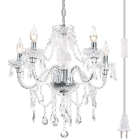 Plug-in 5 Light Crystal Hanging Pendant Lights Acrylic Chandelier