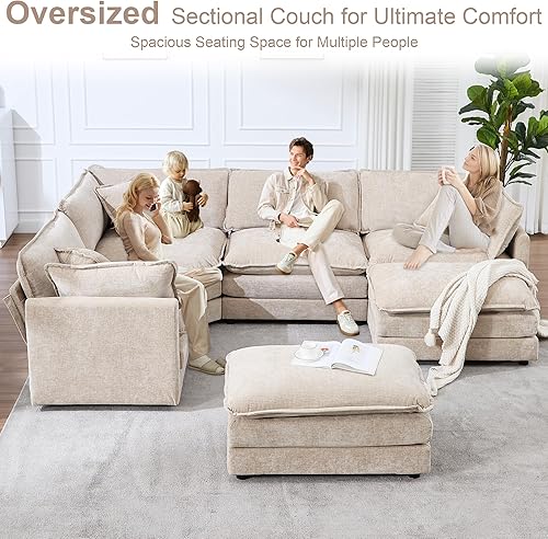 Miniatura 5 de Sofás modulares seccionales para sala de estar, sofá esquinero de felpilla de gran tamaño en forma de U con 2 otomanas, sofá seccional convertible