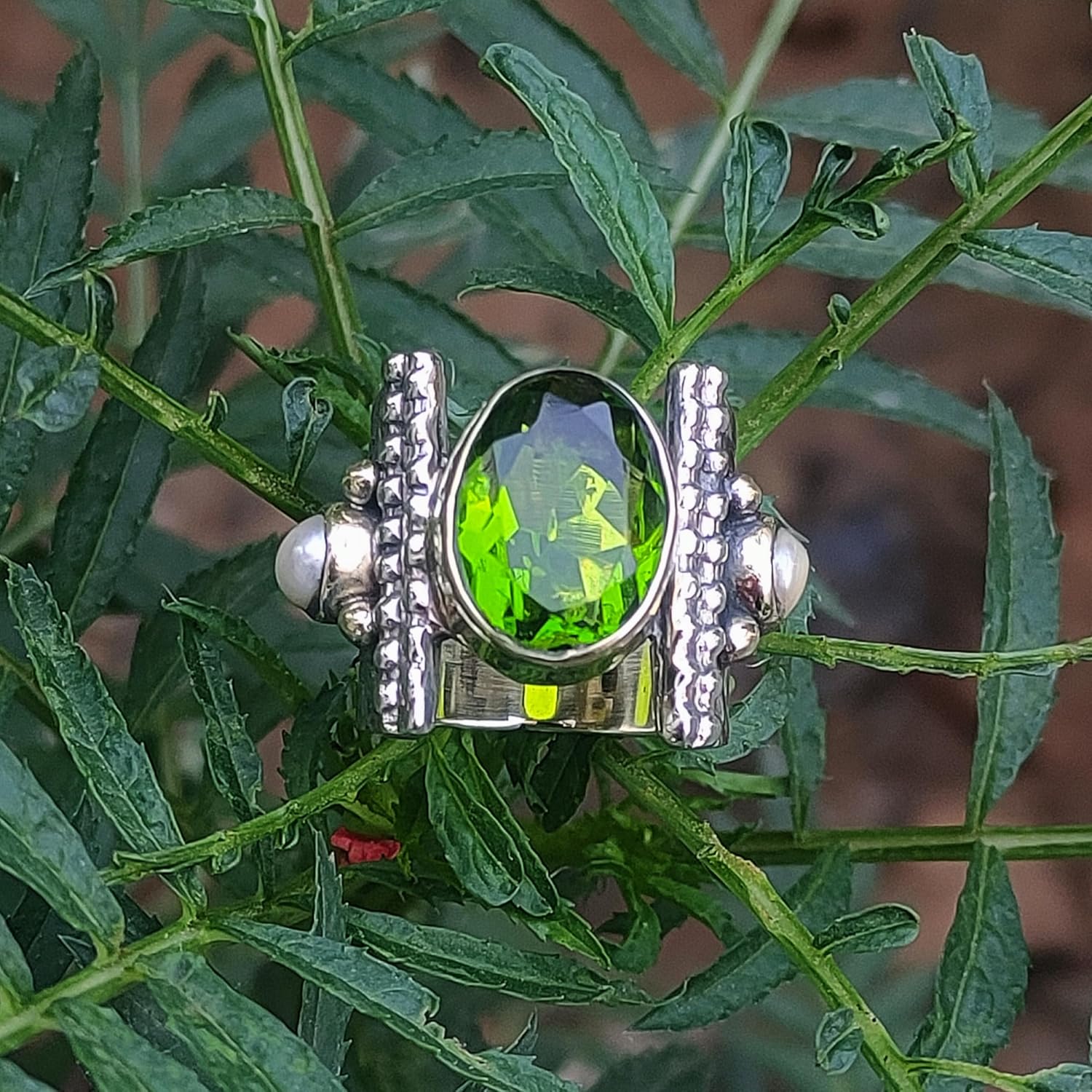 Peridot & Fresh Water Pearl Ring, Silver Field and Brass Ring, Handmade Textured Ring, Two Tone Ring, Wide Band, Wedding Ring, Gift For Her