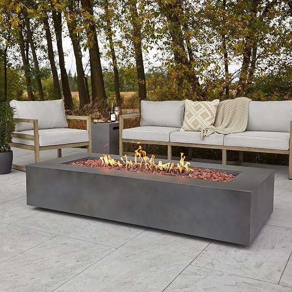 Real Flame Aegean 70in Rectangle Propane or Natural Gas Fire Pit Table, 65,000 BTU, Powder-Coated Steel, Push-Button Ignition, Lava Rock, Storage Cover, Stainless Steel Burner - Weathered Slate