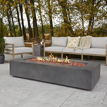 Real Flame Aegean 70in Rectangle Propane or Natural Gas Fire Pit Table, 65,000 BTU, Powder-Coated Steel, Push-Button Ignition, Lava Rock, Storage Cover, Stainless Steel Burner - Weathered Slate