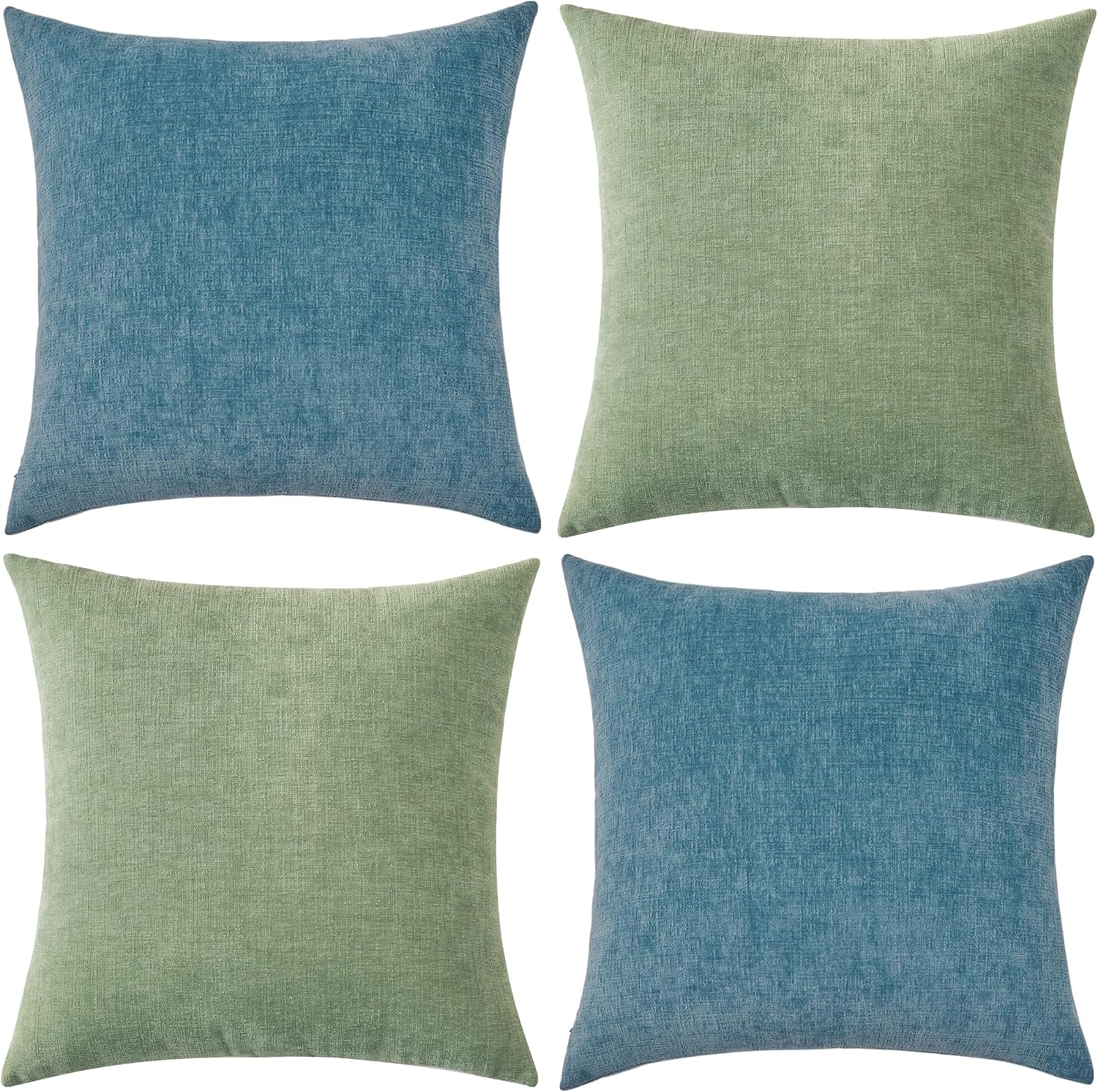 GAWAMAY Pack of 2 Couch Throw Pillow Covers 18x18 Inch Soft Square Chenille Pillow Cover for Sofa Living Room Bedroom Car Solid Dyed Pillow Cases (Only Pillowcases) 45x45cm,Green, Smoke Blue