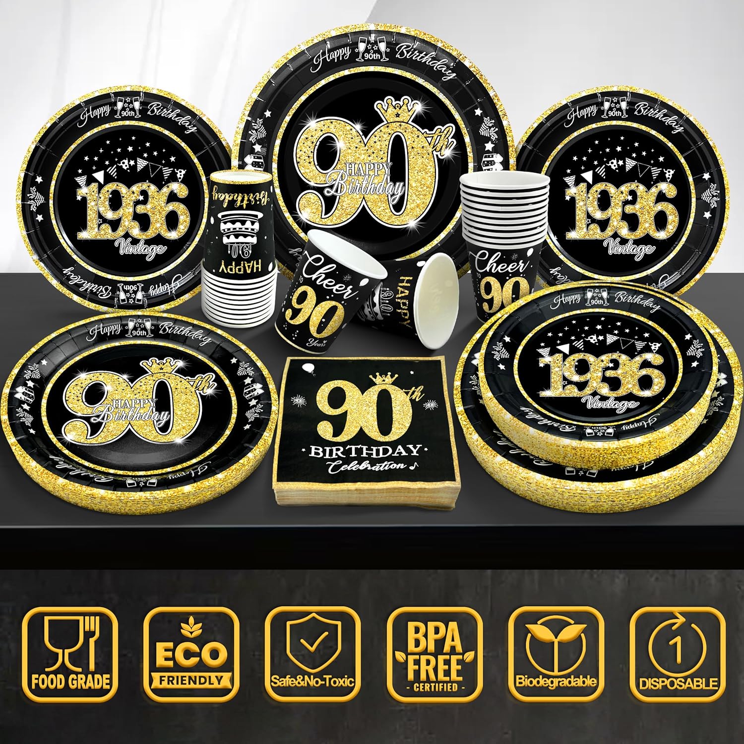 90th Birthday Decorations Black and Gold, Service for 30, Vintage 90th Birthday Party Supplies Includes Black Vintage 1936 Plates, Napkins, Cups Plates and Napkins for Men Women - Image 3