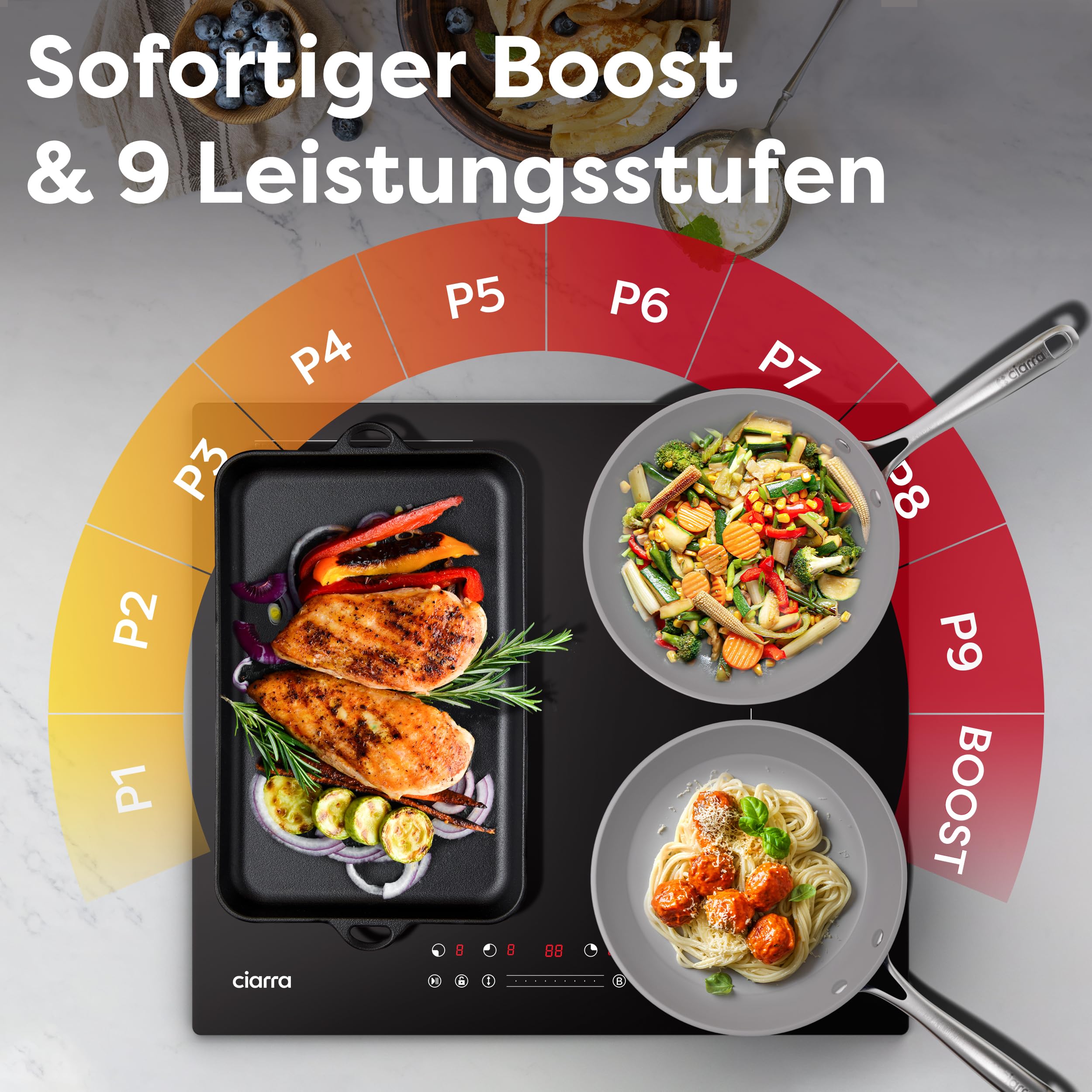 CIARRA CBBIH4BF Induktionskochfeld 60 cm Flexzonen Einbau 4 Platten mit Bridge Bräterzone PowerBoost Slider Touch-Bedienung Induktion Kochfeld 9 Stufen Timer Kindersicherung Überhitzungsschutz 7200 W