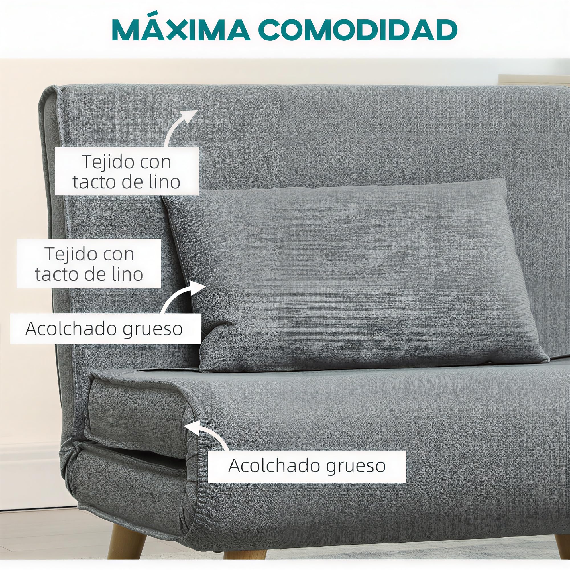 HOMCOM Sofá Cama de 1 Plaza 3 en 1, Sillón Cama Plegable Tapizado en Lino Sintético, con Respaldo Ajustable en 6 Niveles, Almohada, Asiento Ancho, Patas de Madera, 90x78x79 cm, Gris