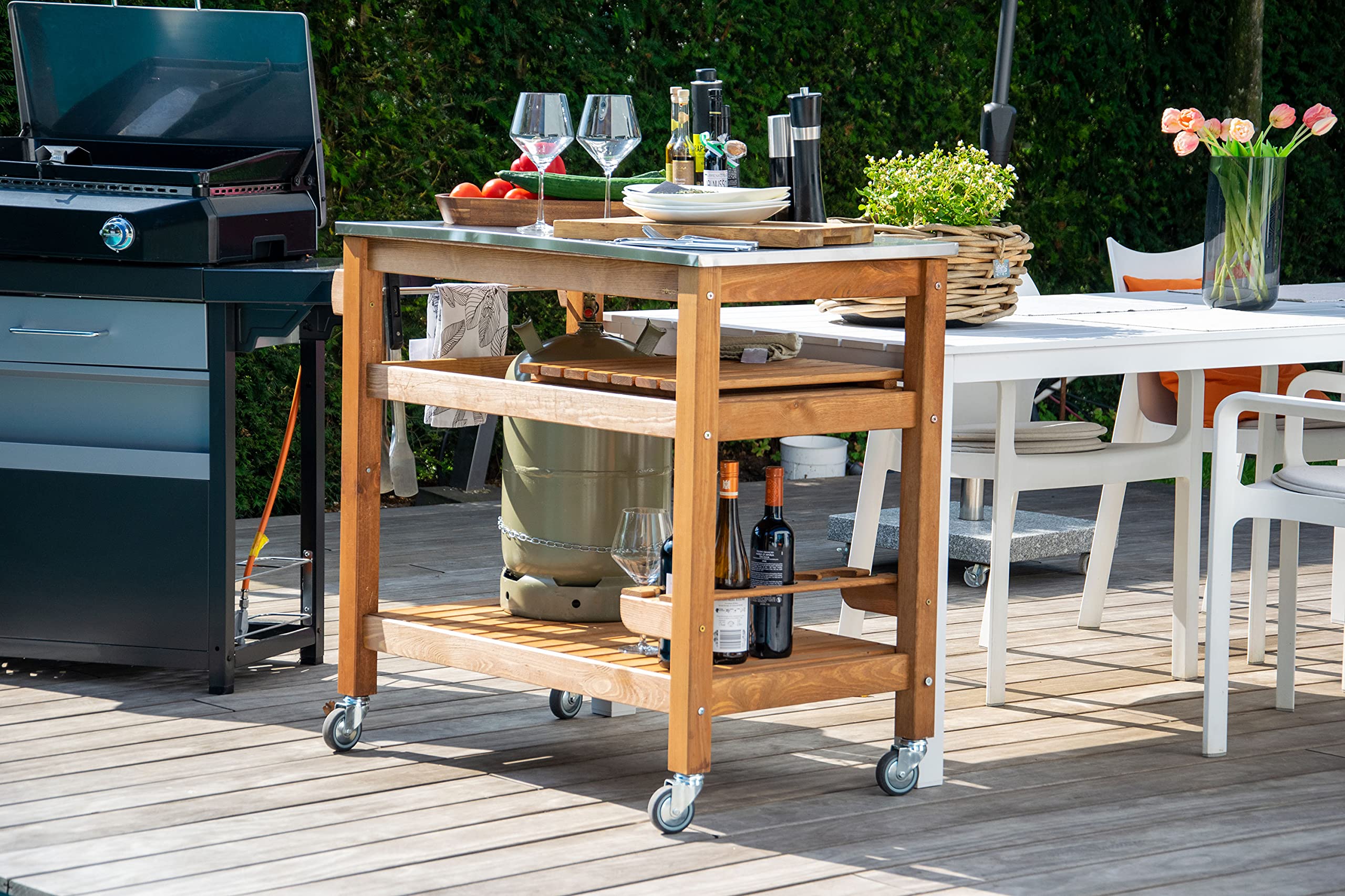 dobar® 35540FSCe Tavolo multifunzione con carrello arrotolabile legno massiccio piastra acciaio inox 94x58x90 cm Marrone