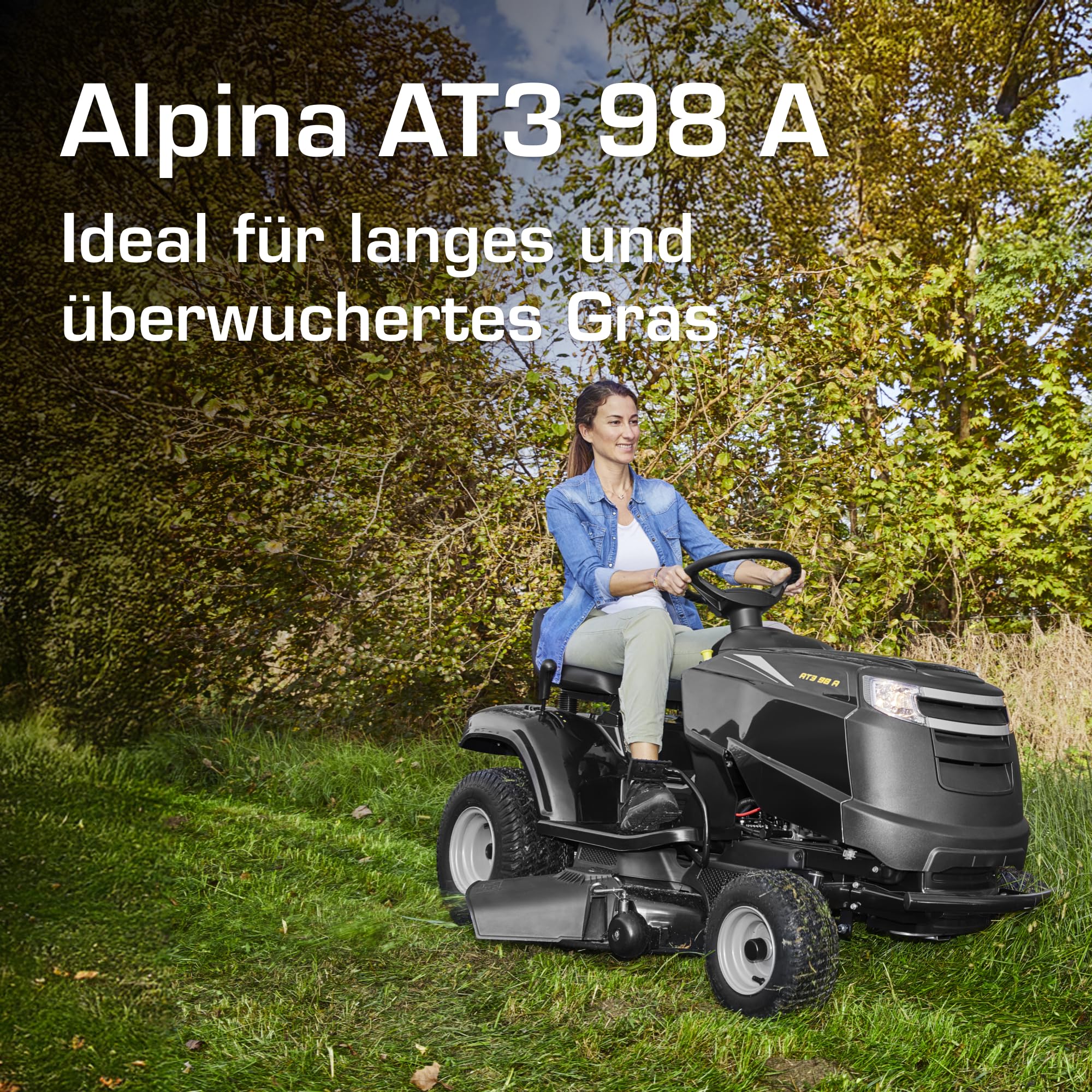 Alpina AT3 98 A Rasentraktor, 6,5 kW, 98 cm – Elektromagnetische PTO-Kupplung, Mulchfunktion – Rasenflächen bis 4.500 m²