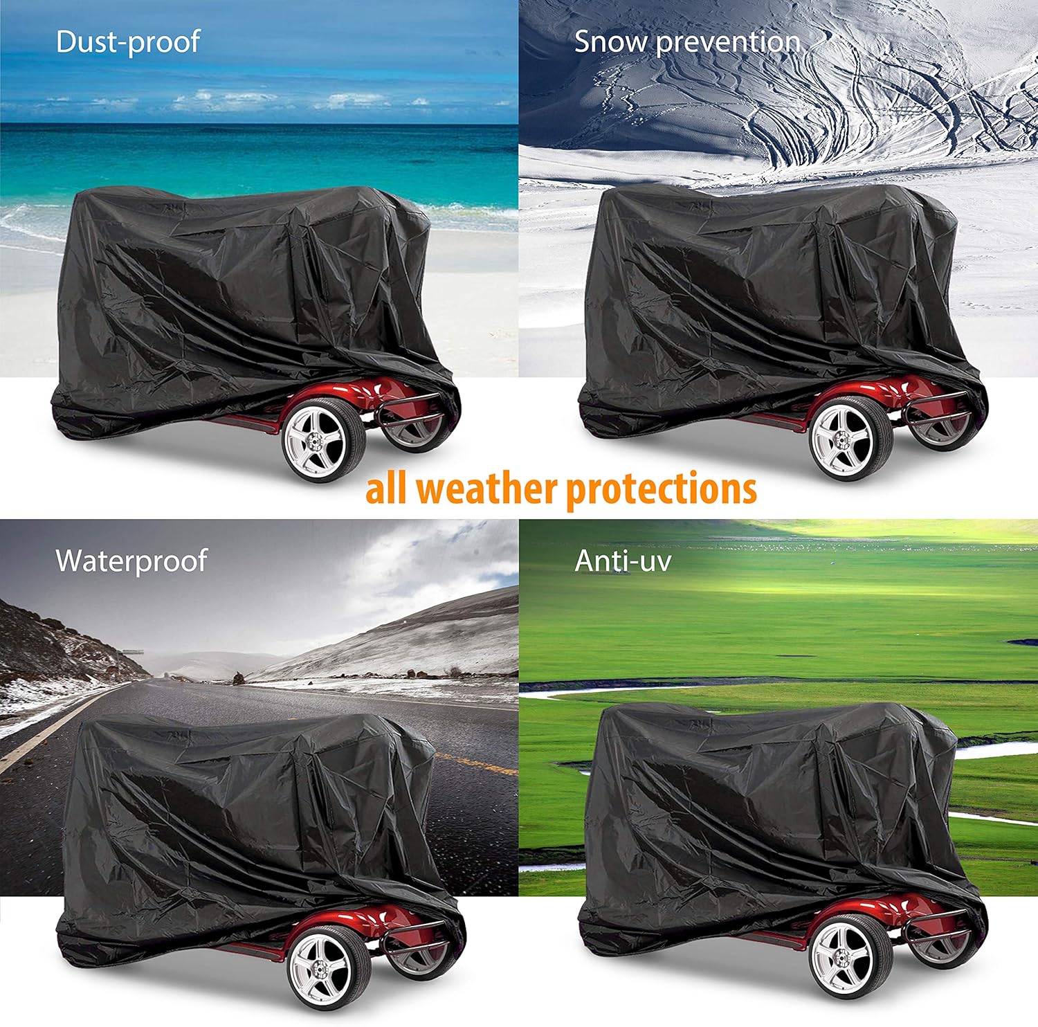 Mobility Scooter Cover Heavy Duty Black Protects from Snow Rain Dust and Sun - Image 6